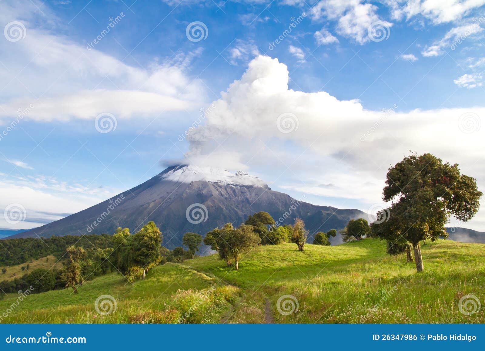tungurahua volcano erupting at sunrise with smoke