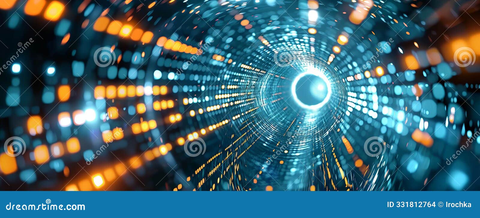 a tunnel-like structure composed of swirling blue and orange lights that create