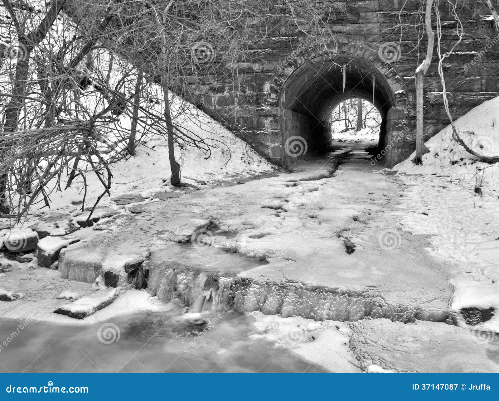 tunnel with snow and ice filled stream