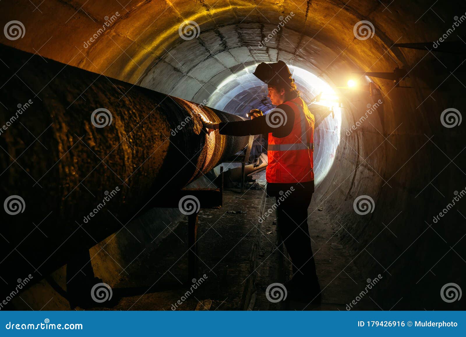 Tunnel Worker Examines Pipeline In Underground Tunnel Foto de Stock