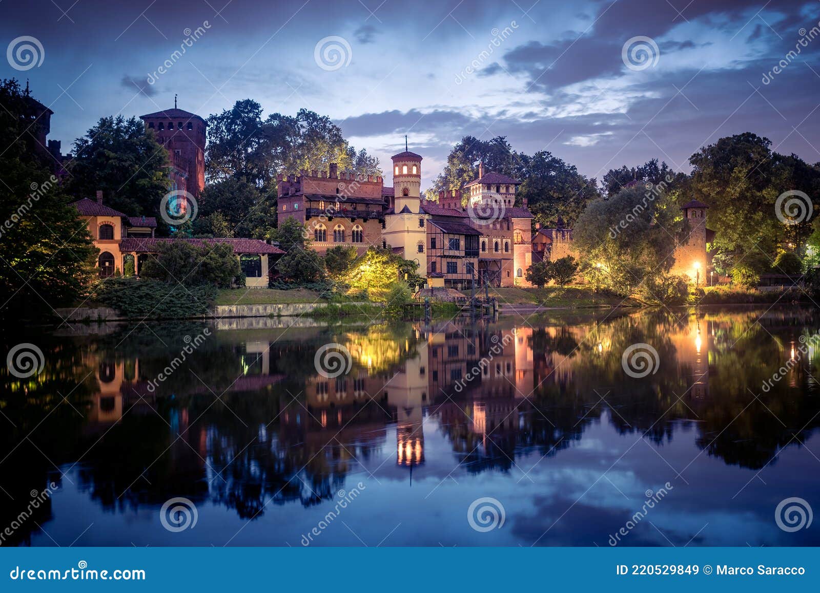 turin borgo medievale and river po at twilight