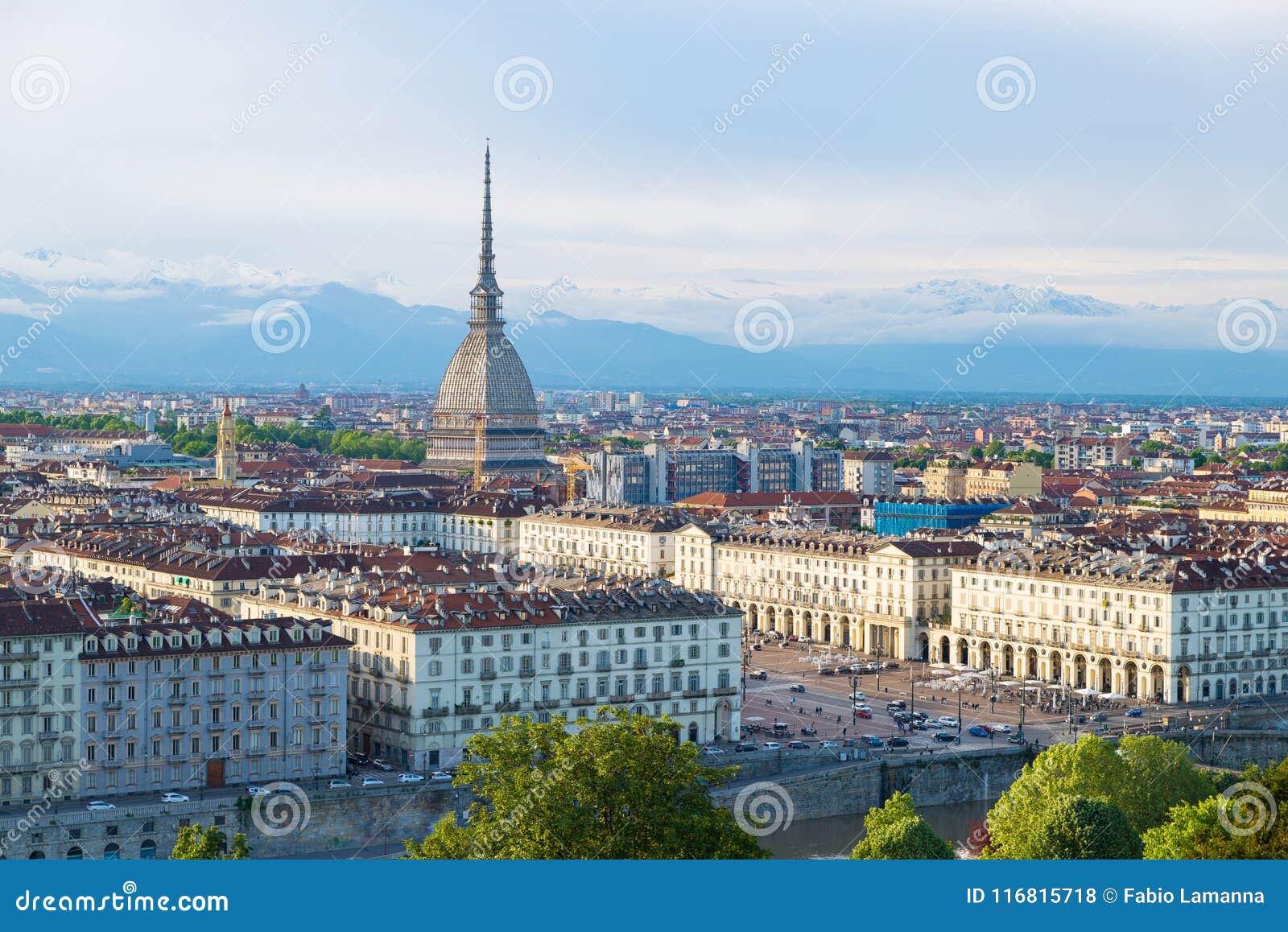 turin skyline at sunset, torino, italy, panorama cityscape with the mole antonelliana over the city. scenic colorful light and dra