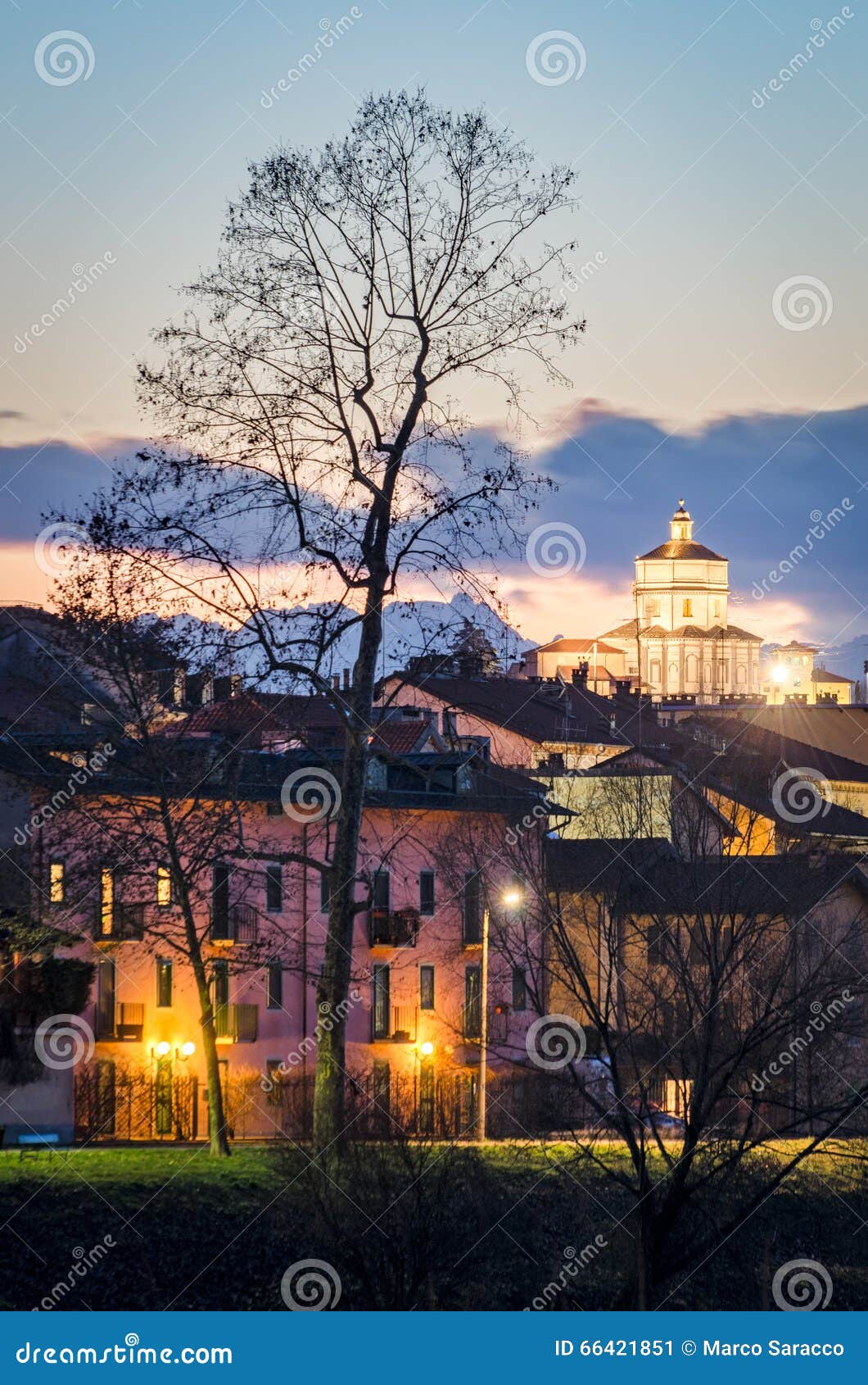 Turin (Torino), Church of Santa Maria al Monte (Monte dei Cappuccini) at twilight