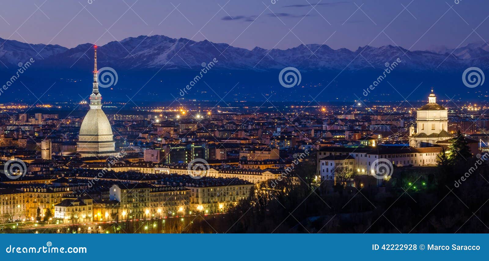 turin (torino), night panorama with mole antonelliana and alps