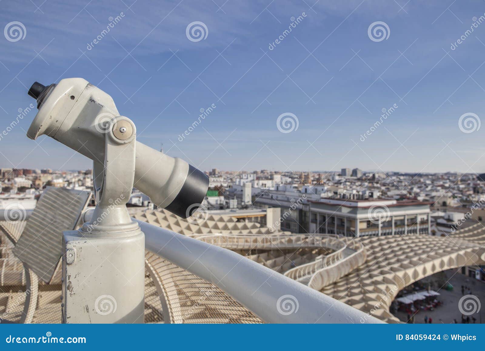 Turistic Telescope Pointing To Old Town Landmarks Seville Spain