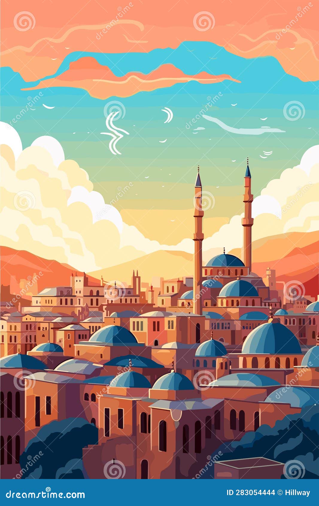 Turkey City Landscape in the Evening. Vector Flat Illustration Stock