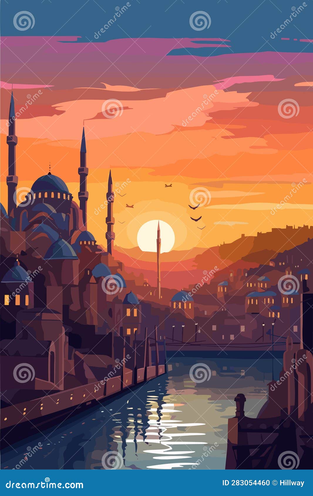 Turkey City Landscape in the Evening. Vector Flat Illustration Stock