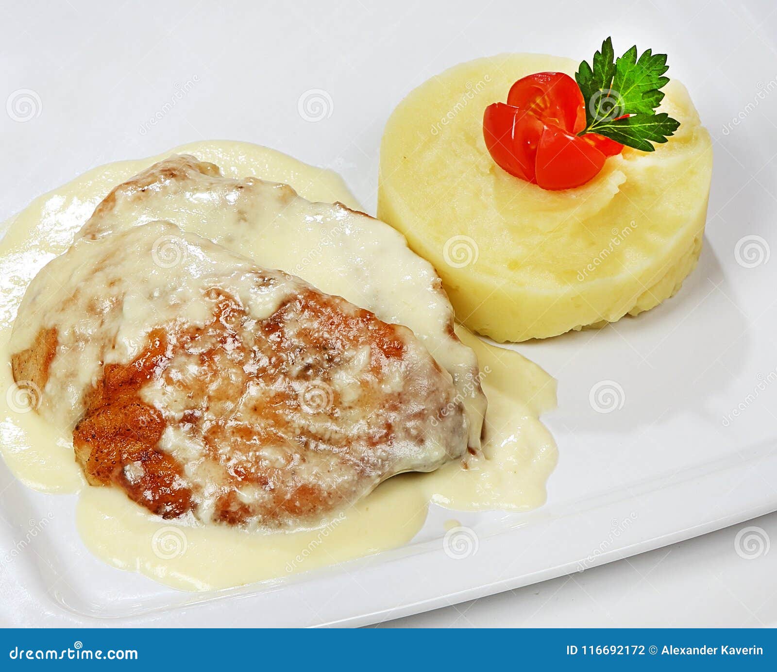Turkey in Cream Sauce, Served with Mashed Potatoes Stock Photo - Image
