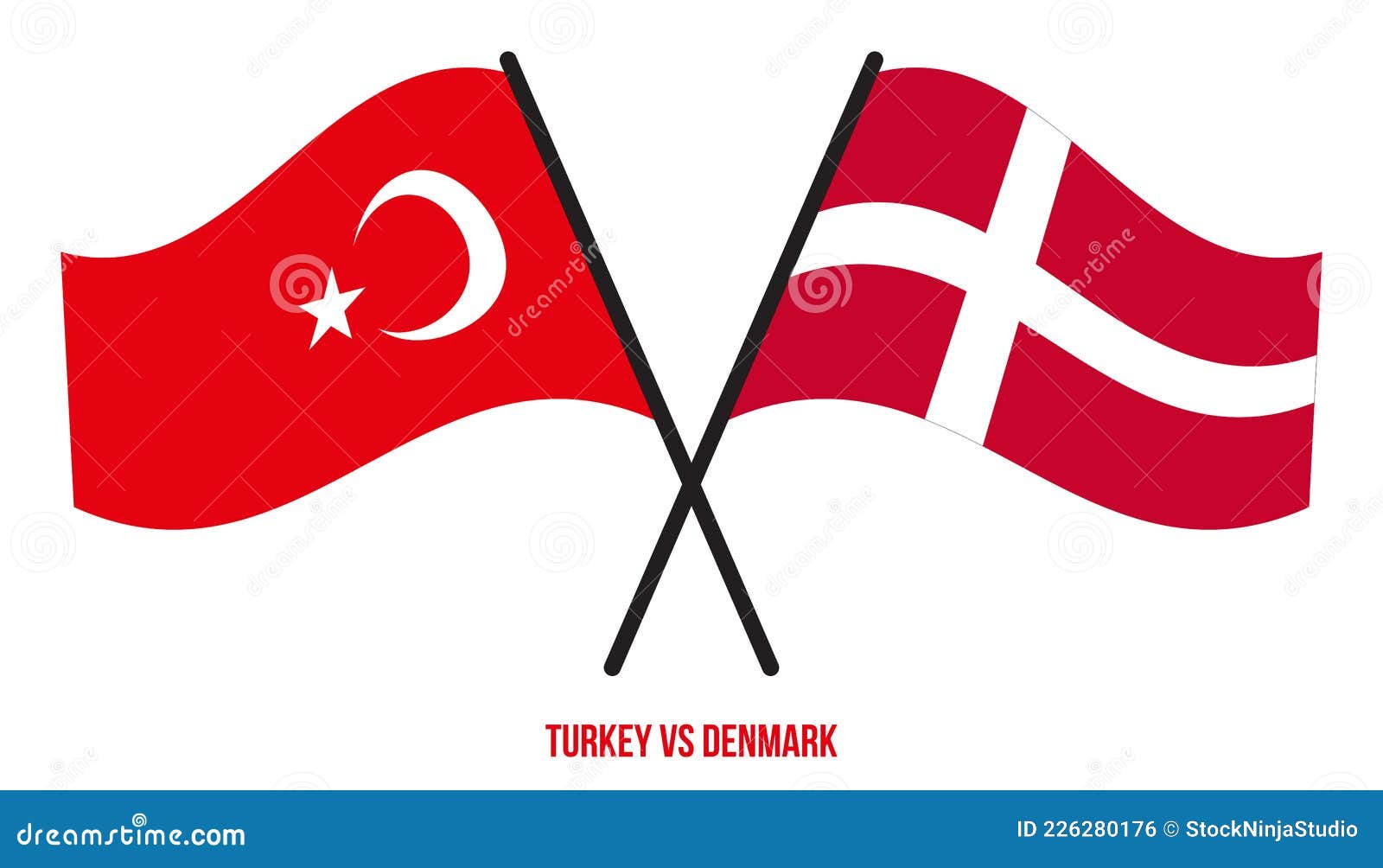 Turkey and Denmark Flags Crossed and Waving Flat Style. Official