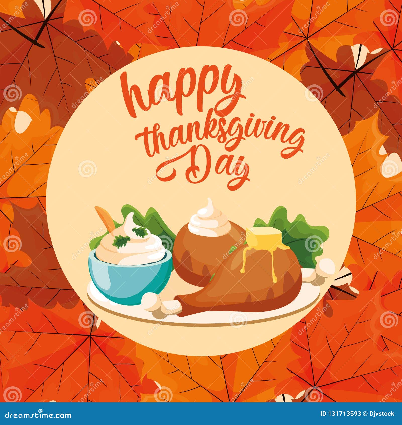 Turkey Dinner of Thanksgiving Day with Leafs Stock Vector ...