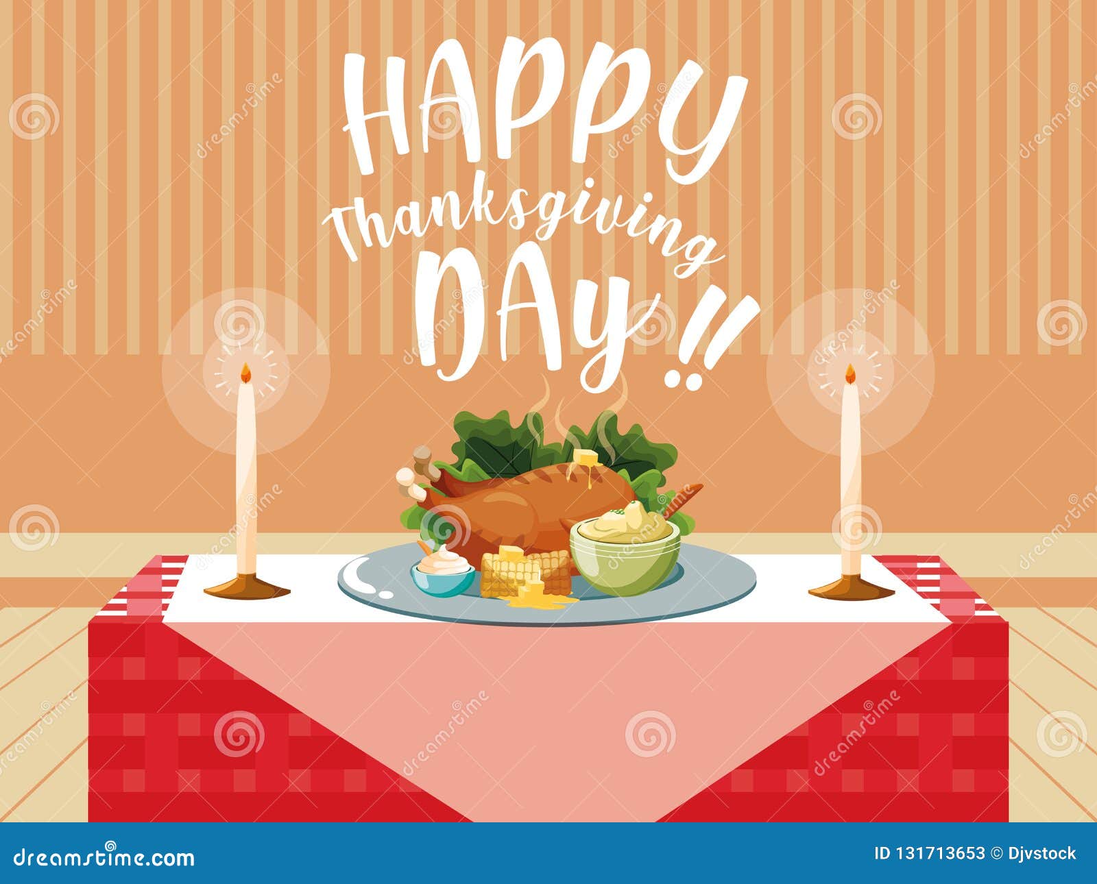 Turkey Dinner of Thanksgiving Day in Table Stock Vector - Illustration ...