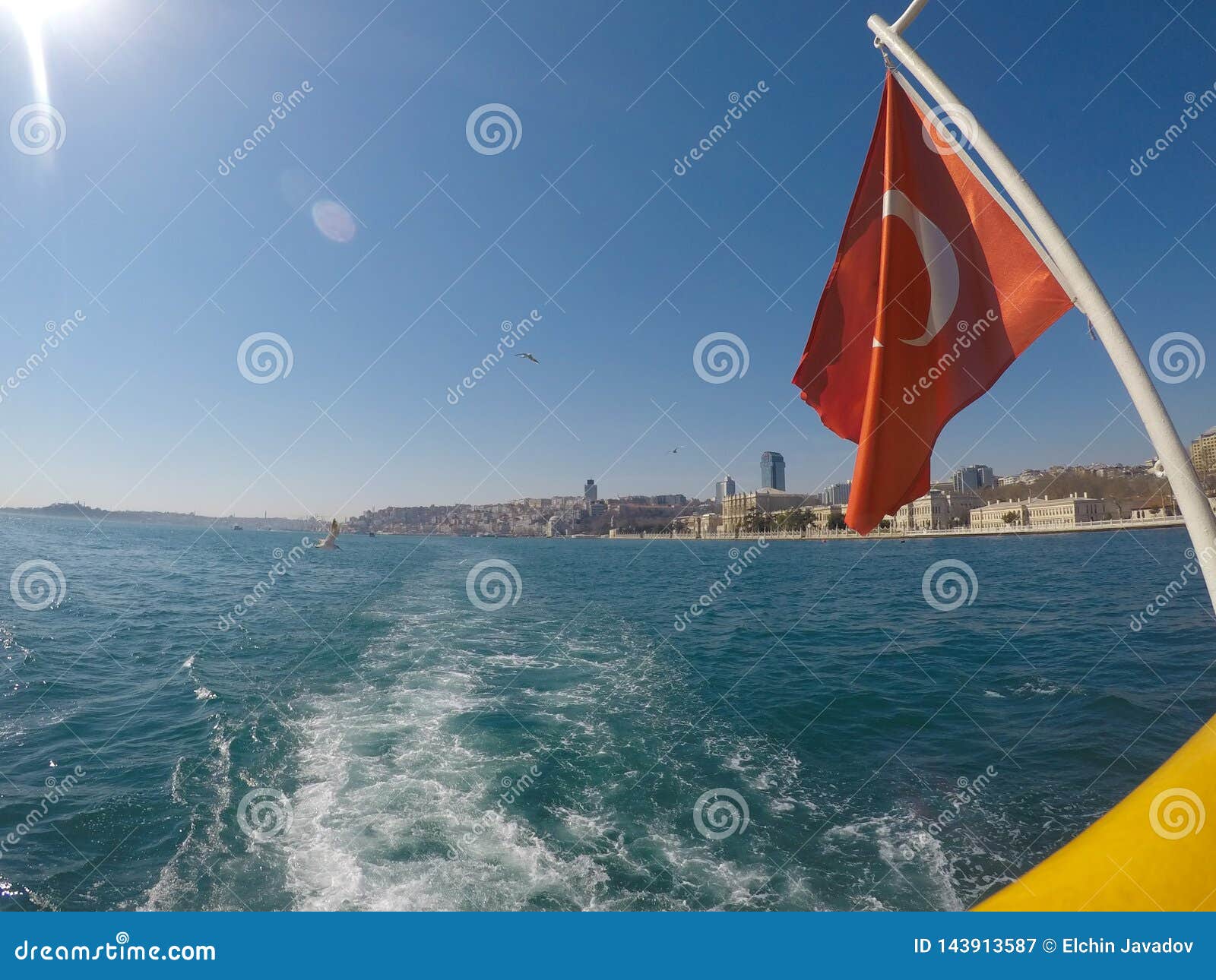 turkey flag in bosphorus at the turkish ship vapur