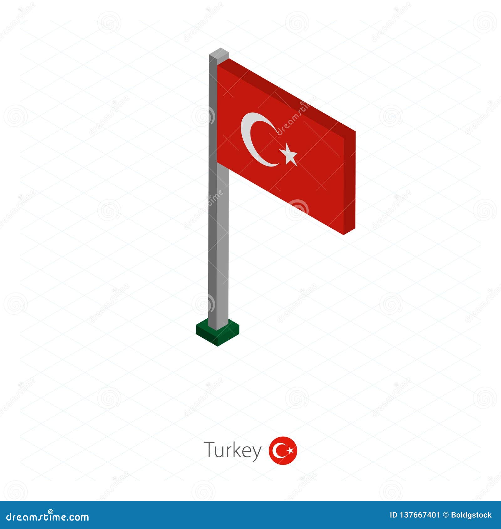 Turkey Flag on Flagpole in Isometric Dimension Stock Vector