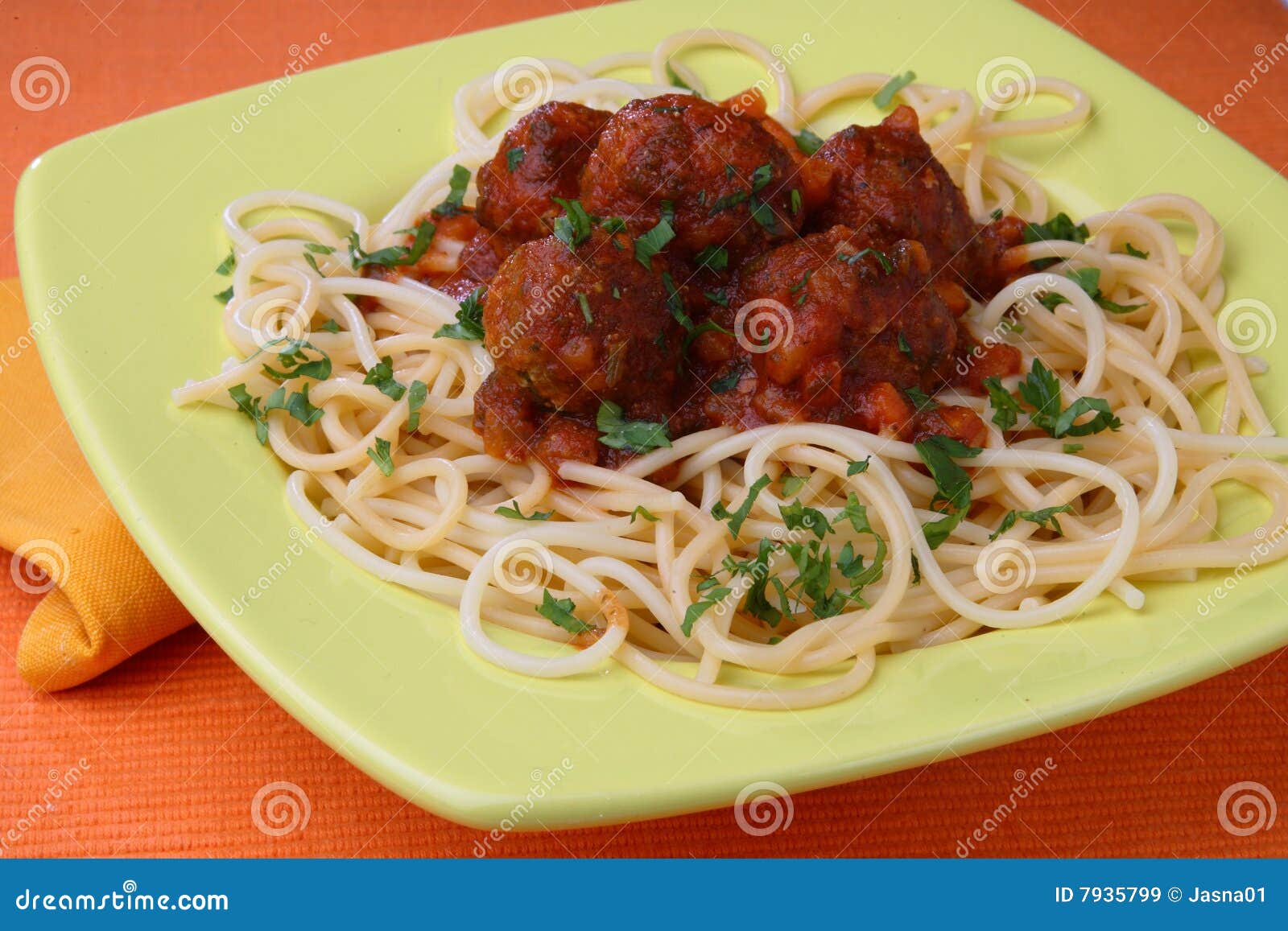 Turkey Meat Balls in Sauce with Spaghetti and Herb Stock Image Image