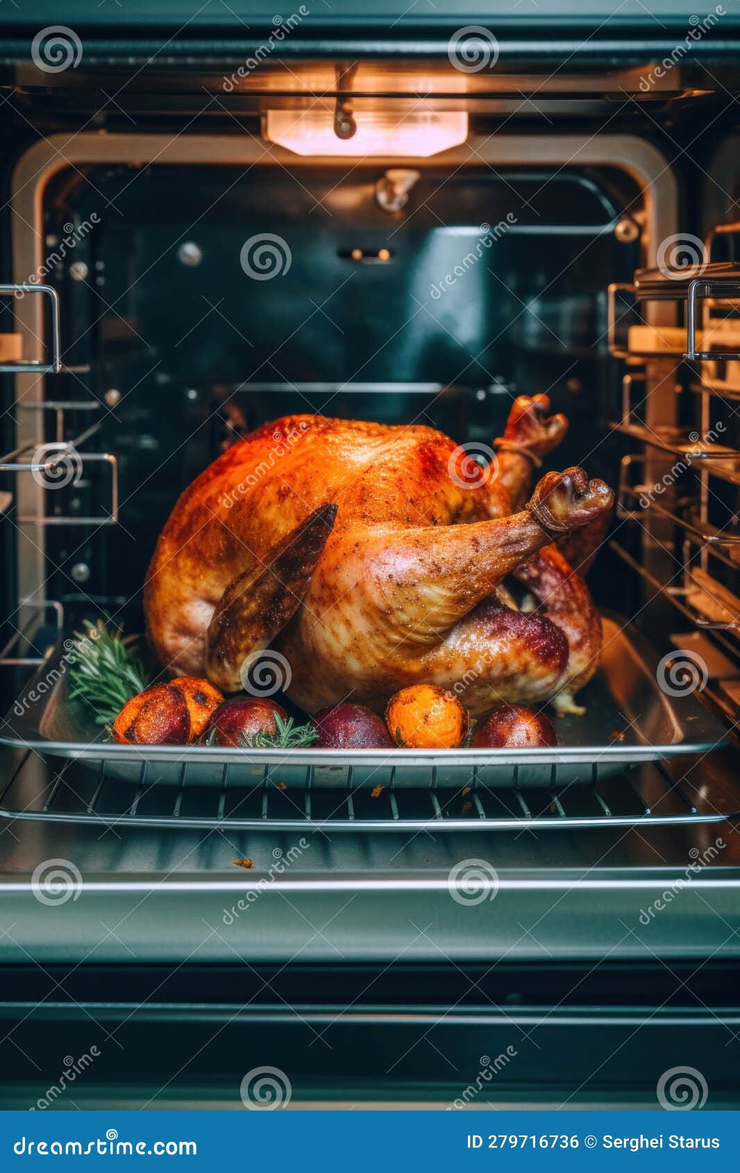 A Turkey Sitting on a Rack in an Oven. Generative AI Image. Stock