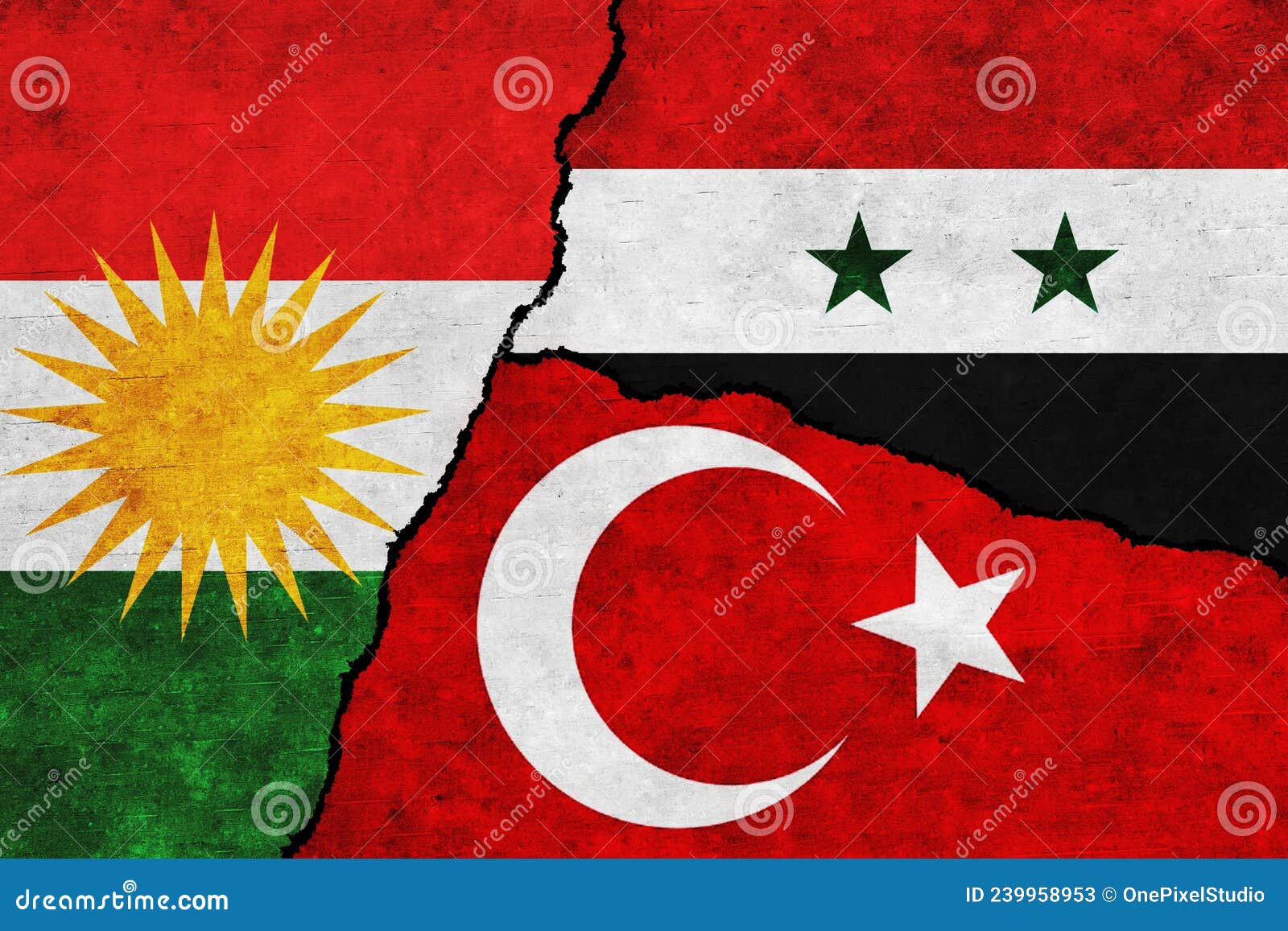 Turkey Vs Kurdistan, Kurdish Smoke Flags Placed Side By Side. Thick