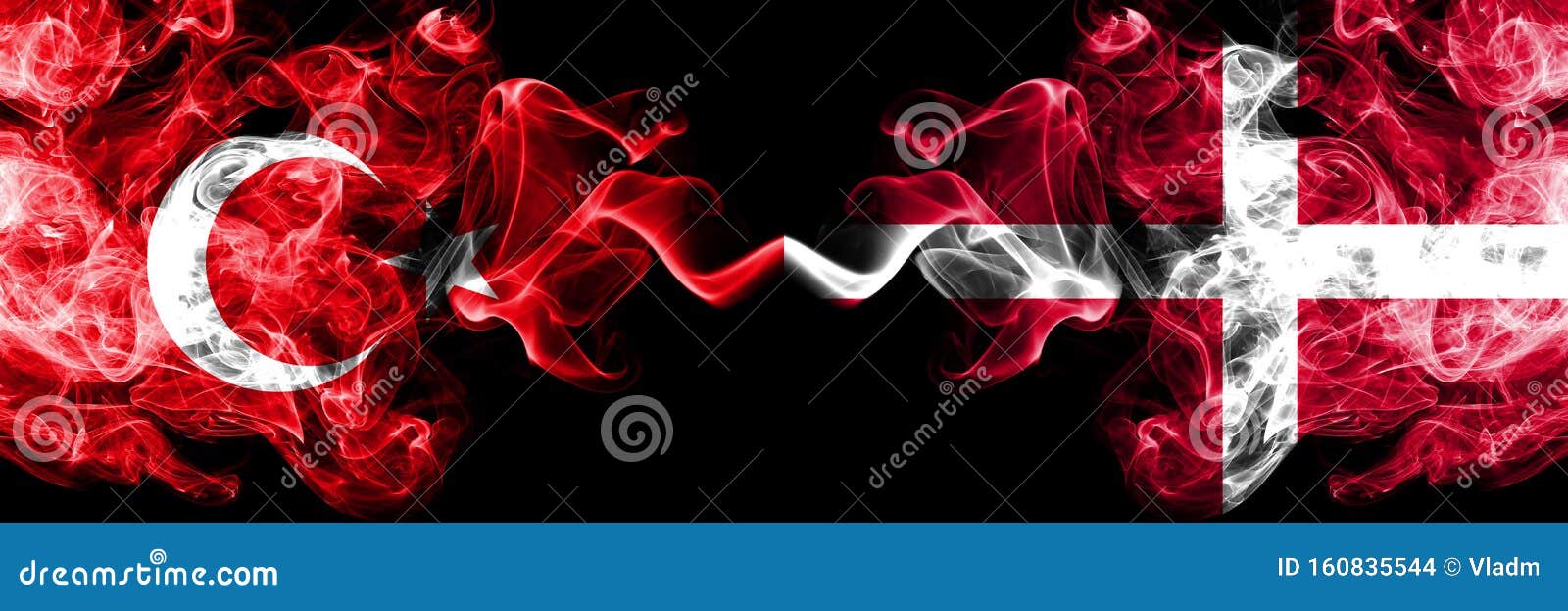 Turkey Vs Denmark, Danish Smoke Flags Placed Side by Side. Thick