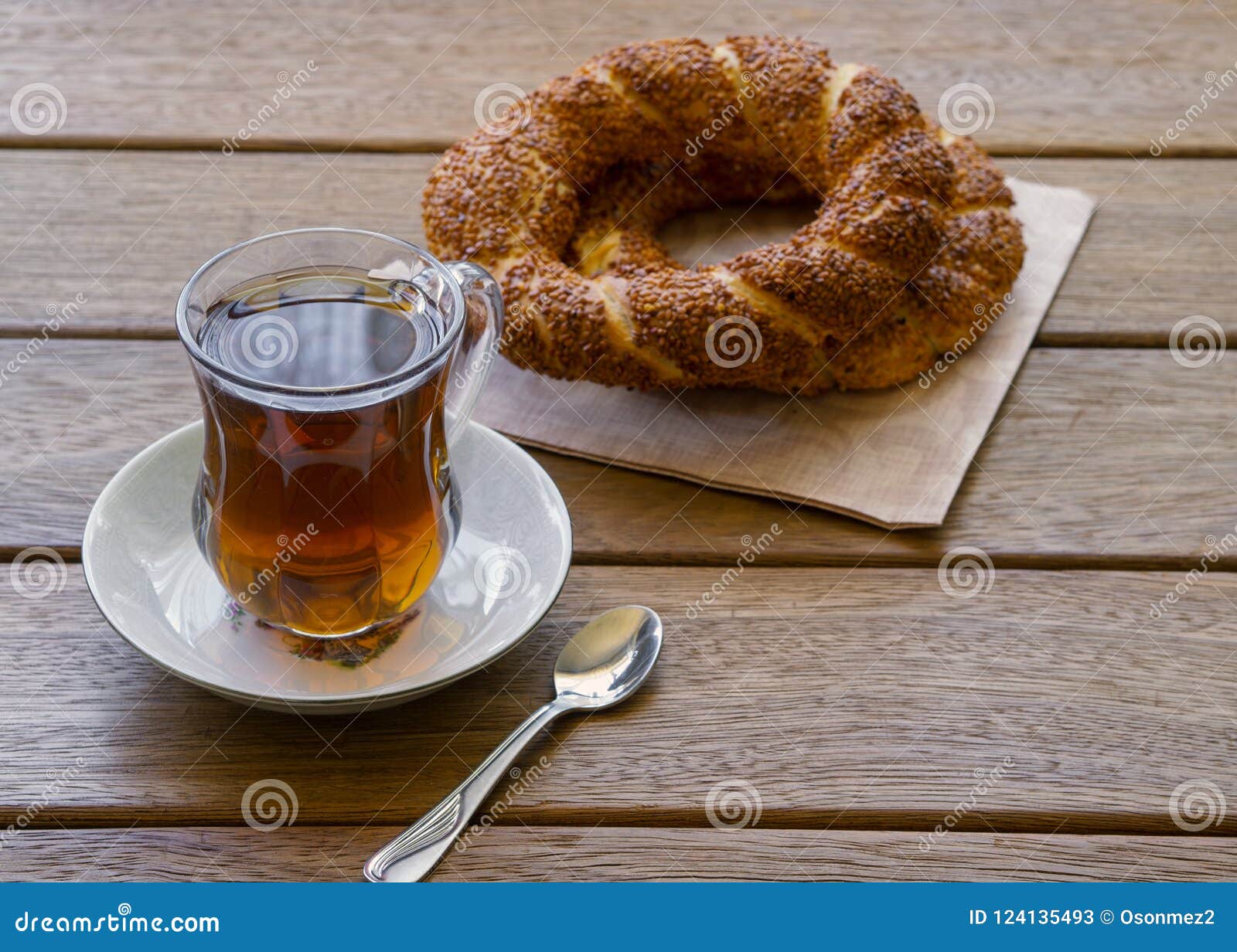 Turkish Bagel and Tea on a Wooden Table Stock Image Image of food