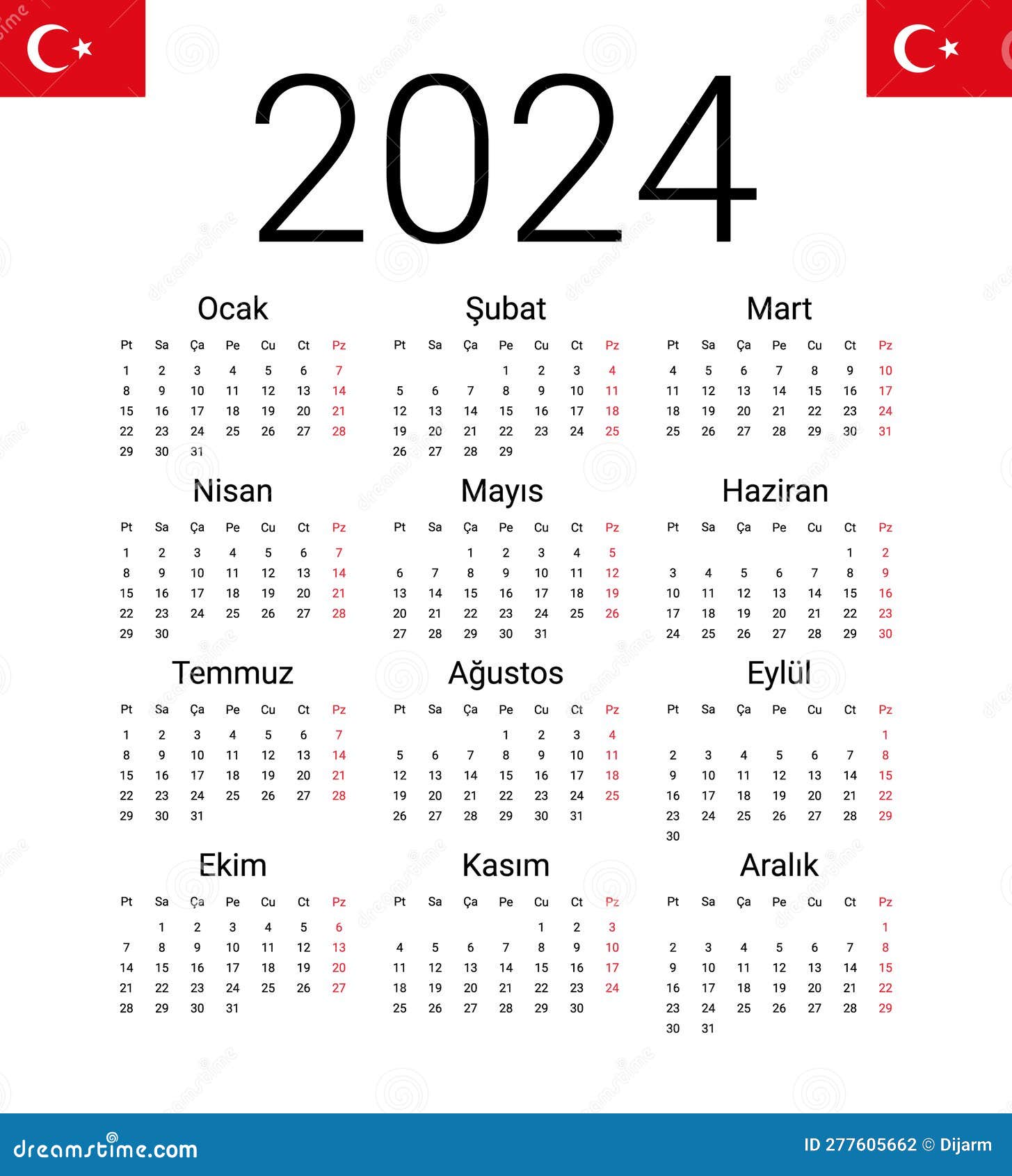 Turkish Calendar Vector Design Template Start Monday Full Months Wall Illustration 277605662 