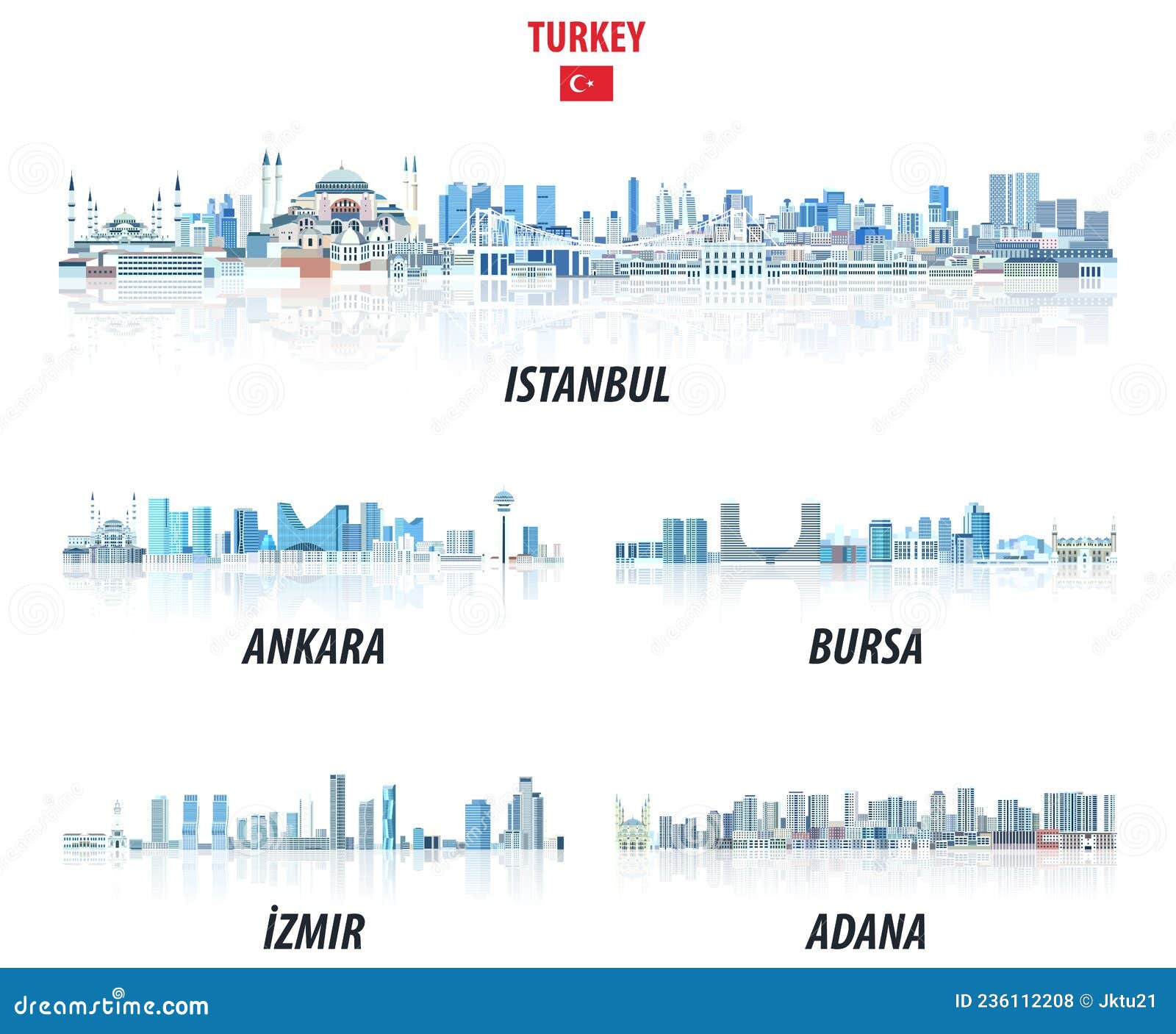 Turkish Biggest Cities Skylines in Tints of Blue Color Palette. Crystal