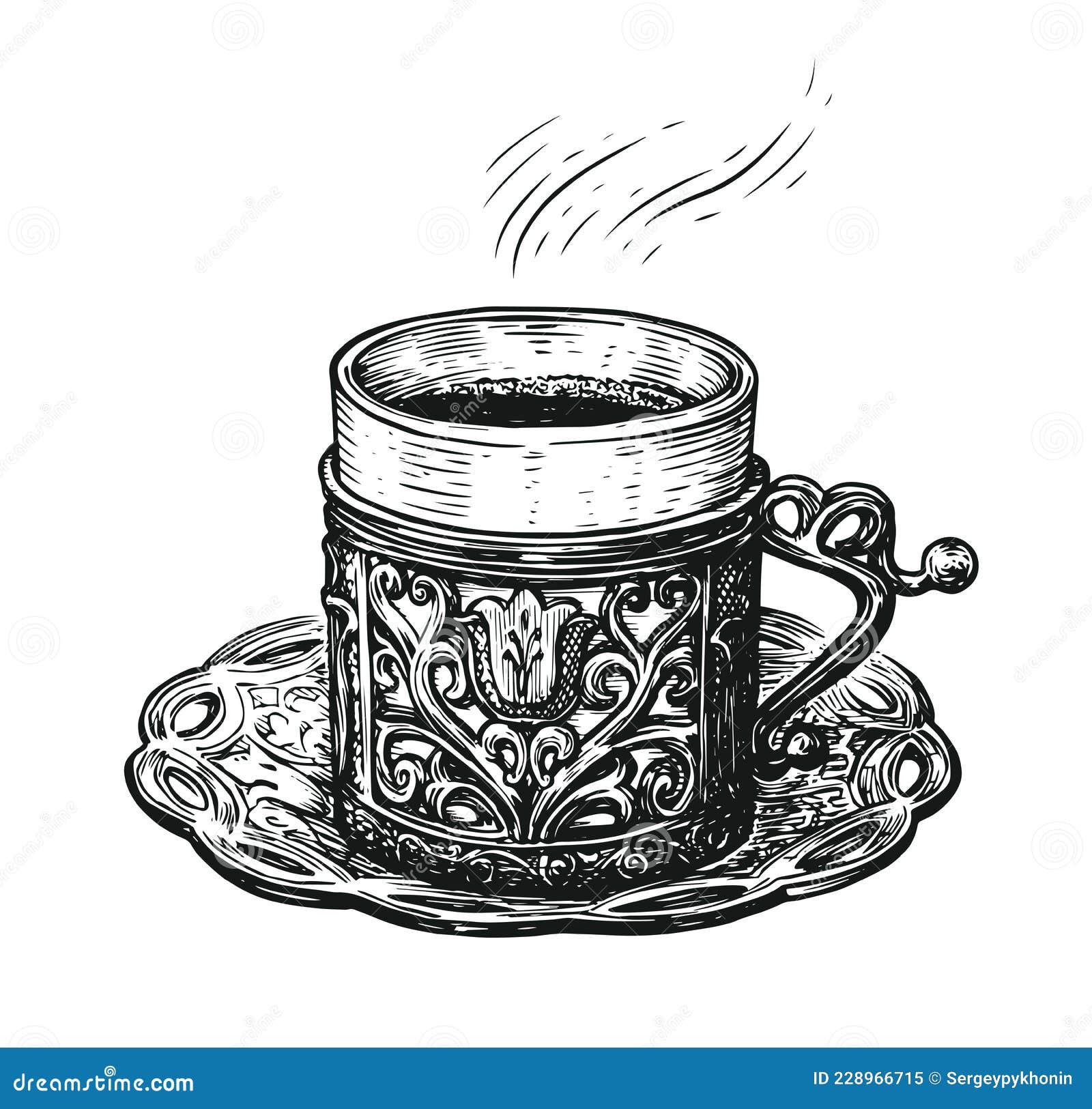 turkish coffee sketch. hand drawn cup on a platter. vintage  