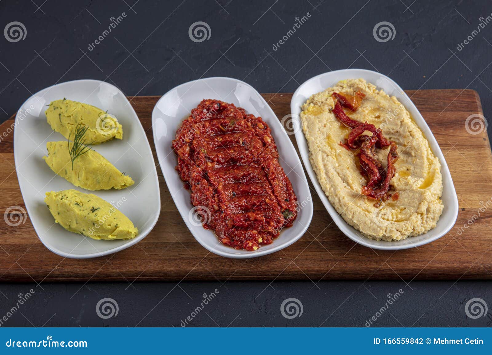 Turkish Cuisine Appetizers; Spicy Mash, Mashed Potatoes, Hummus Stock