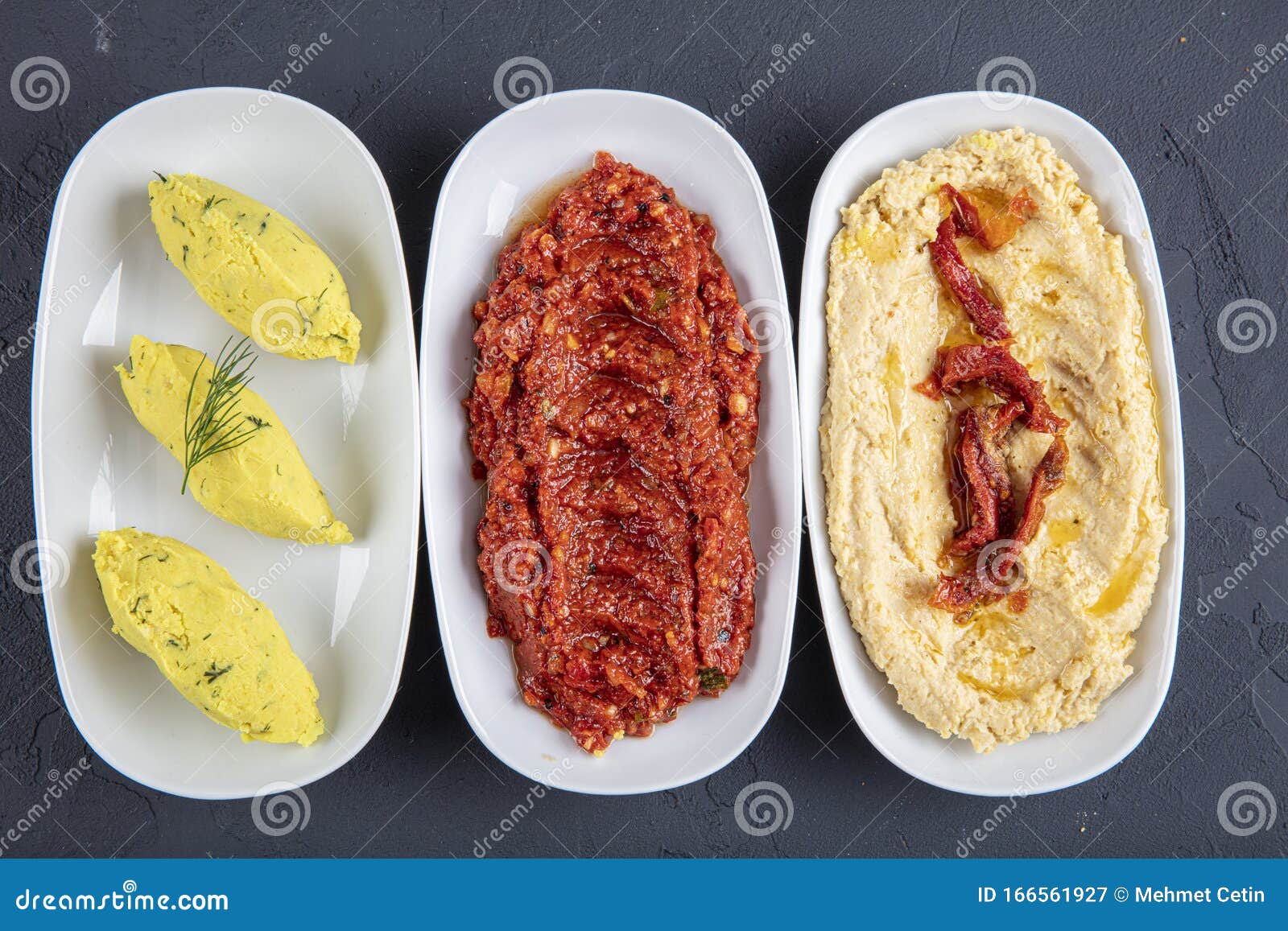 Turkish Cuisine Appetizers; Spicy Mash, Mashed Potatoes, Hummus Stock