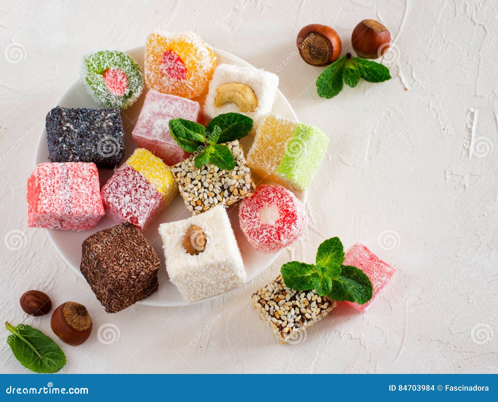 Turkish Delight On White Rustic Background Stock Photo - Image of