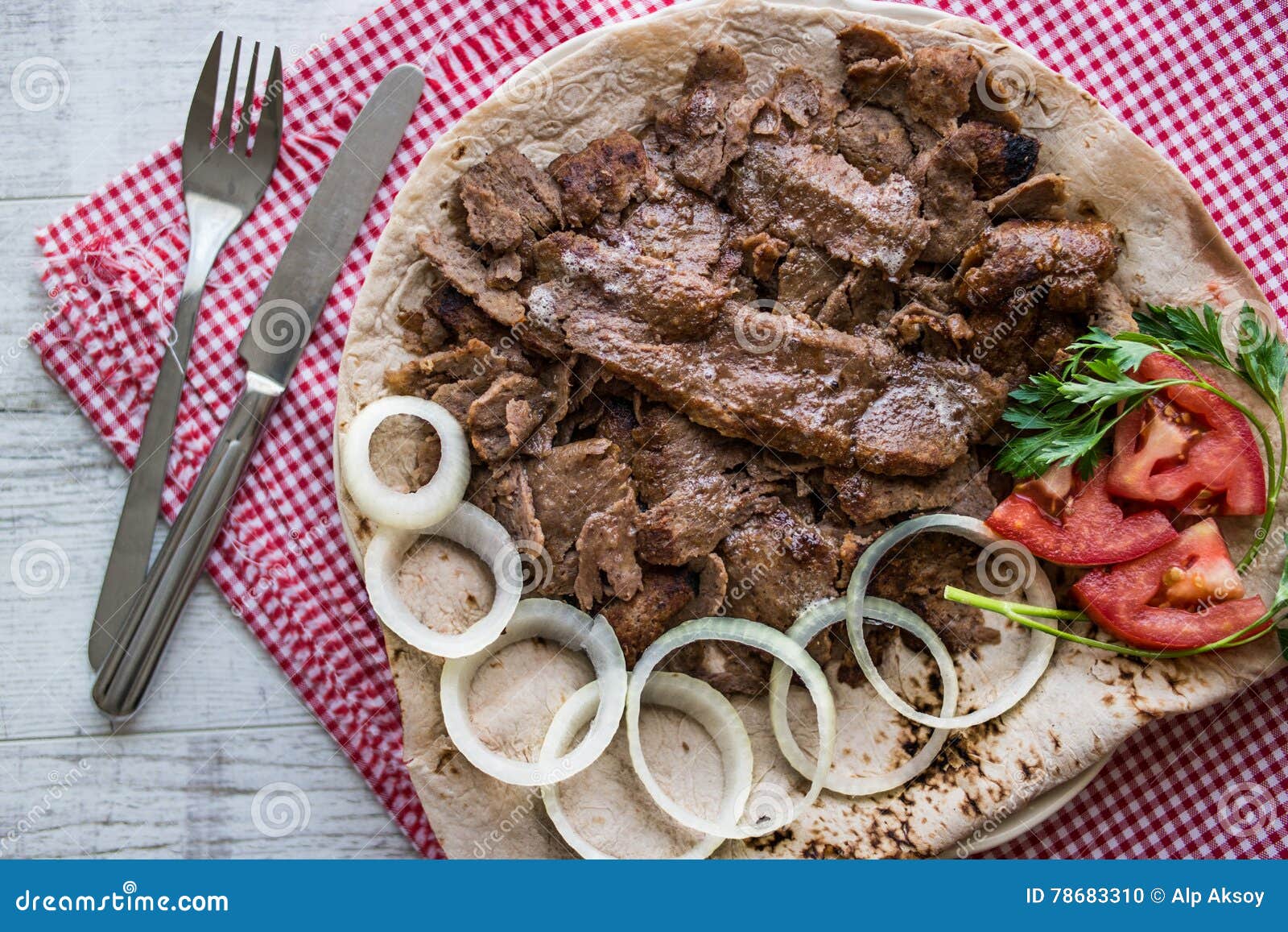 Turkish Doner Kebab on a Lavash / Shawarma Beef. Stock Photo Image of