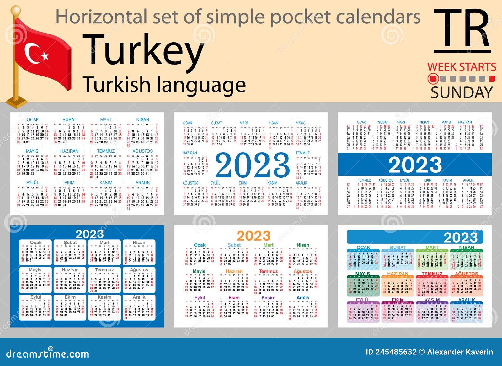 Turkish Horizontal Pocket Calendar for 2023 Week Starts Sunday Stock