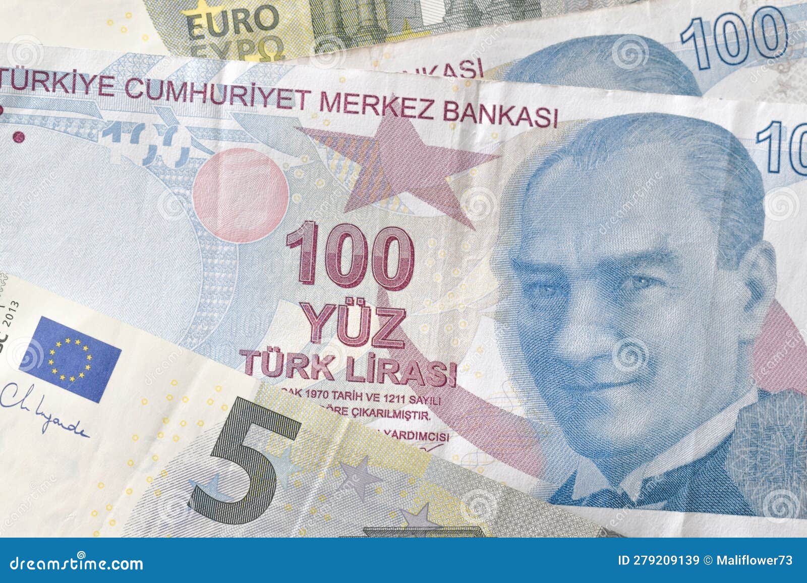 100-turkish-lira-banknote-and-5-euro-banknote-background-stock-image