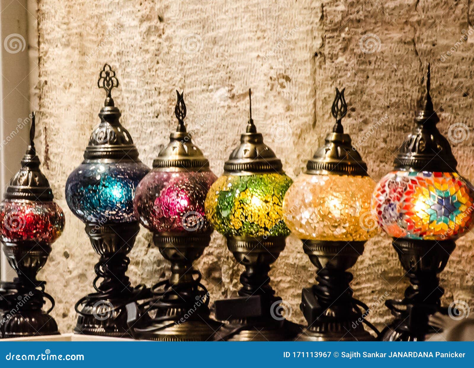 turkish multicoloured lanterns put in the istanbul` s grand bazaar