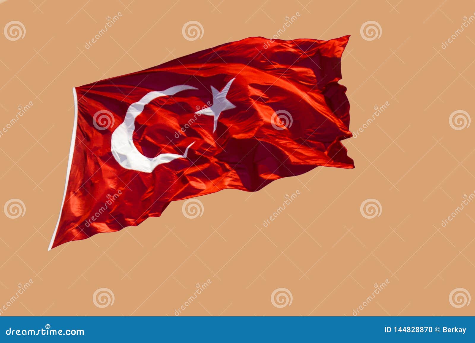 Turkish National Flag With White Star And Moon In View Stock - 