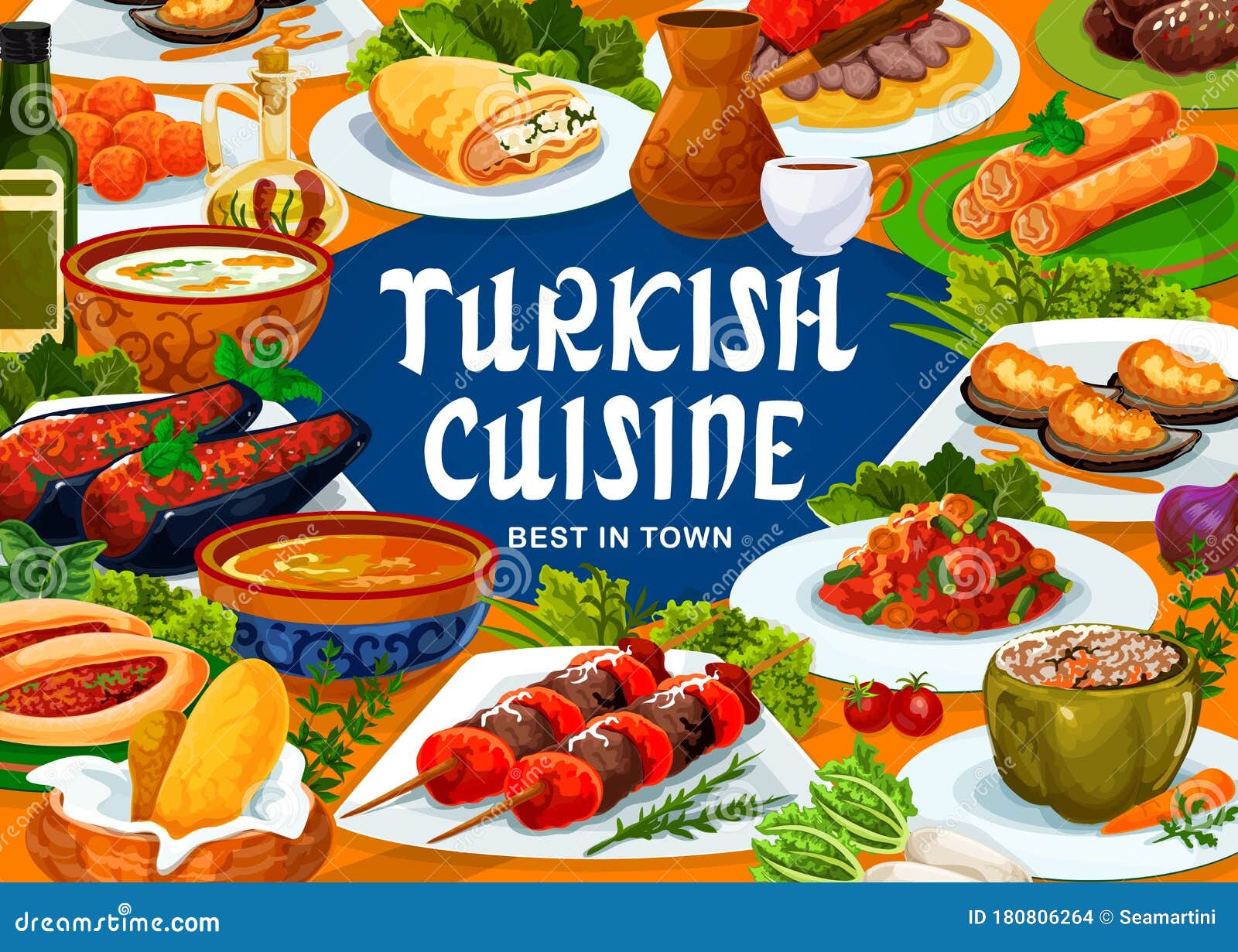Turkish National Food Dishes Meals And Desserts Stock Vector