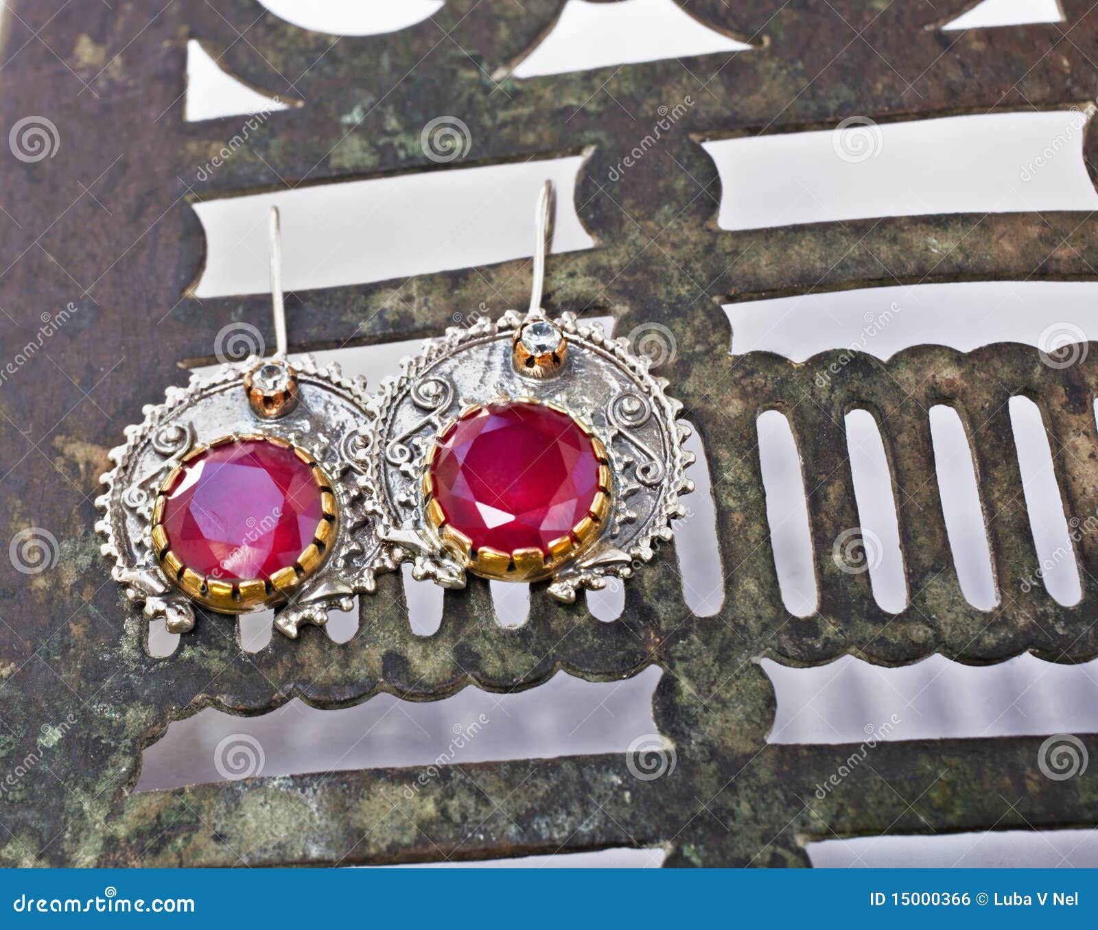 Turkish Ottoman Silver Earrings With Ruby. Stock Photo Image of