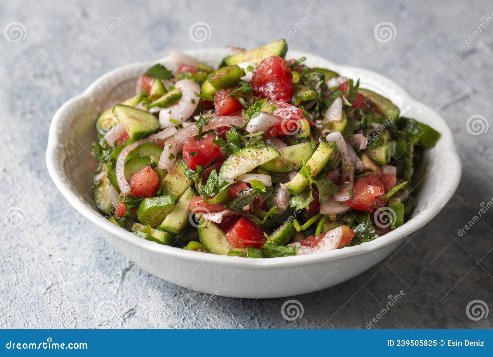turkish shepards salad with cucumber, tomato, red onion, pepper, parsley turkish name; kasik salata