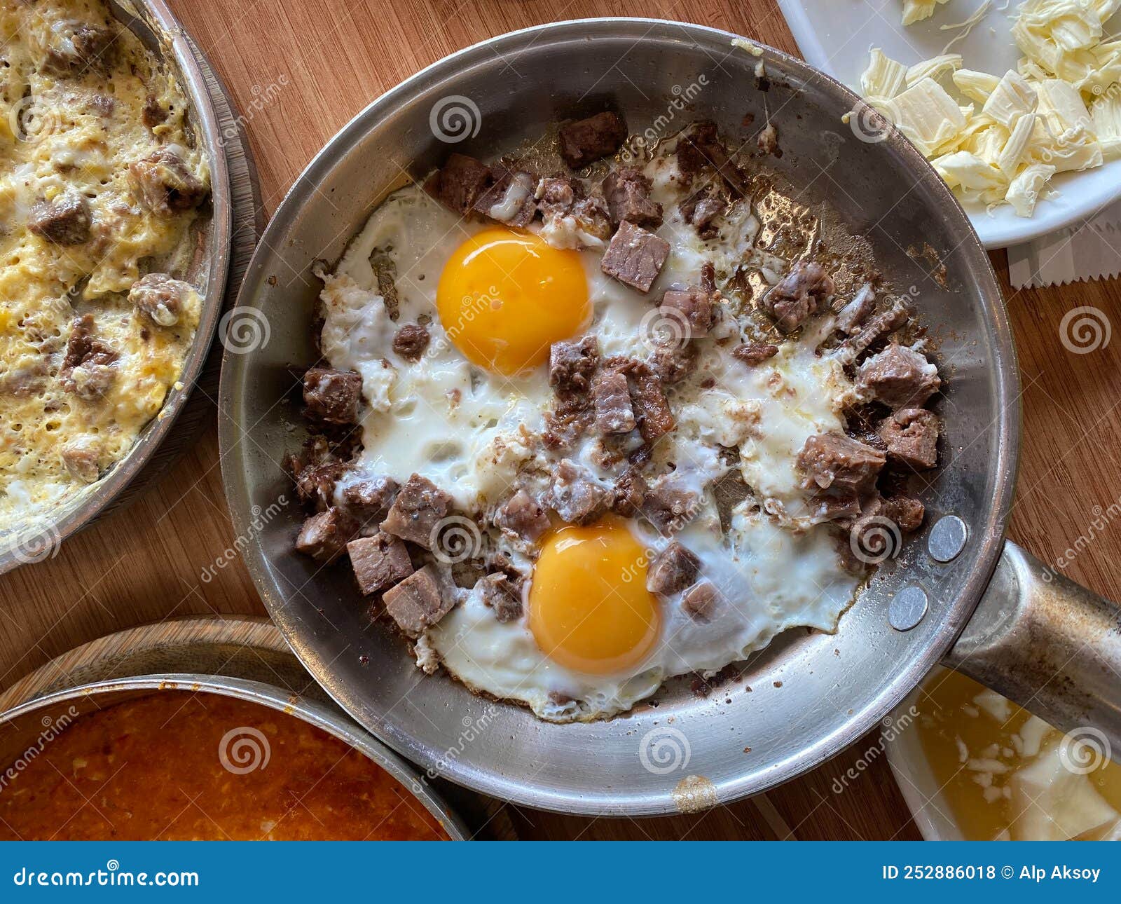 Turkish Style Fried Sunny Side Up Eggs with Meat Kavurma Stock Photo ...