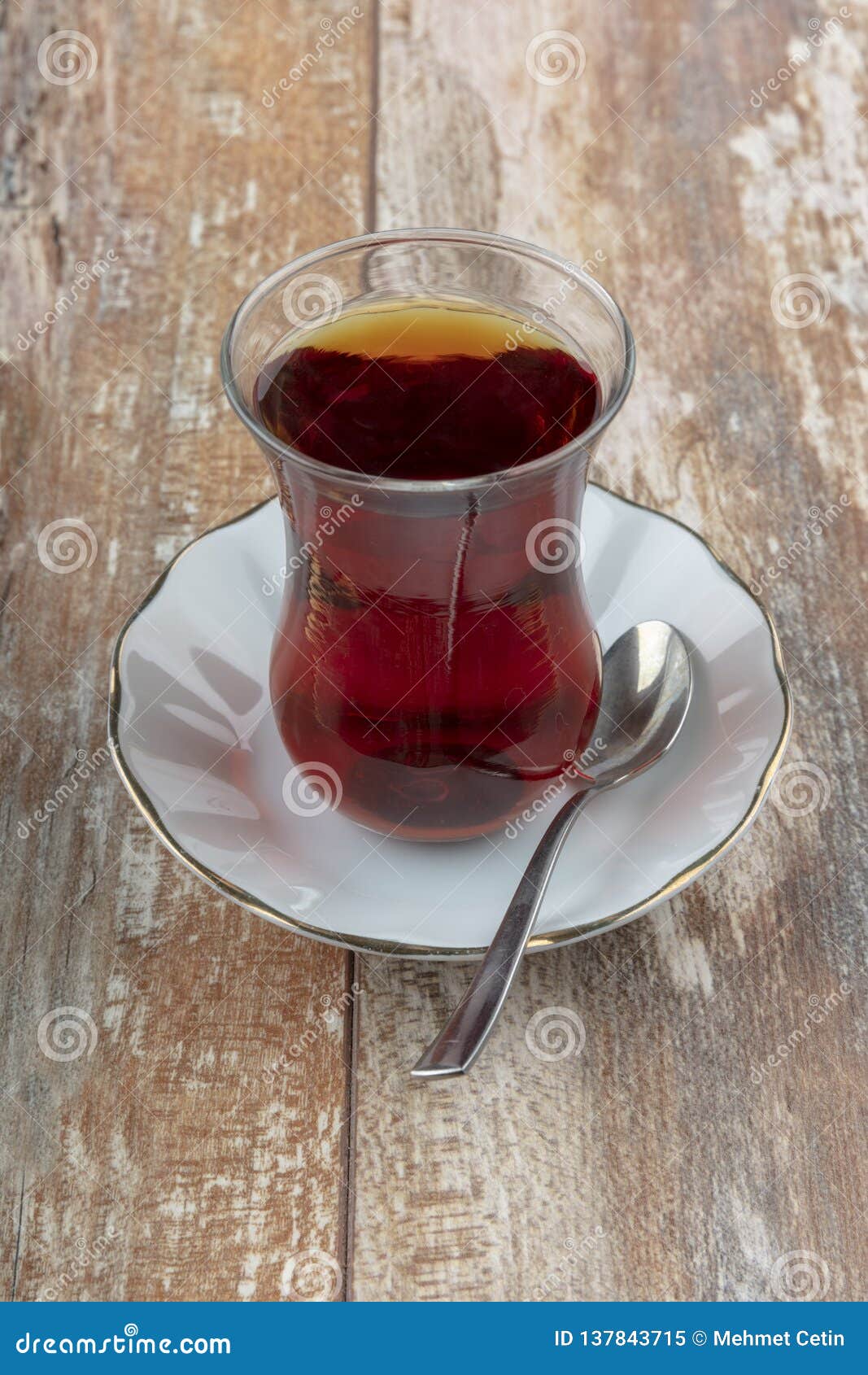 Turkish Tea on Wooden. Turkish Tea Glass Bardak Table Stock Image