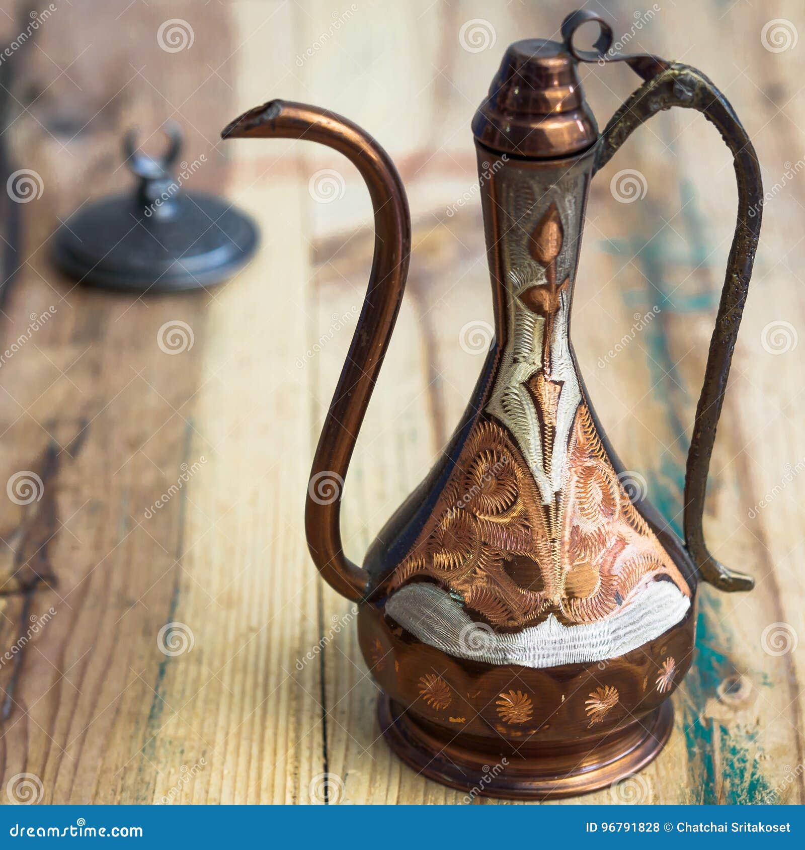 Turkish Teapot with Arabic Decoration with Metal Cup and Dish Stock