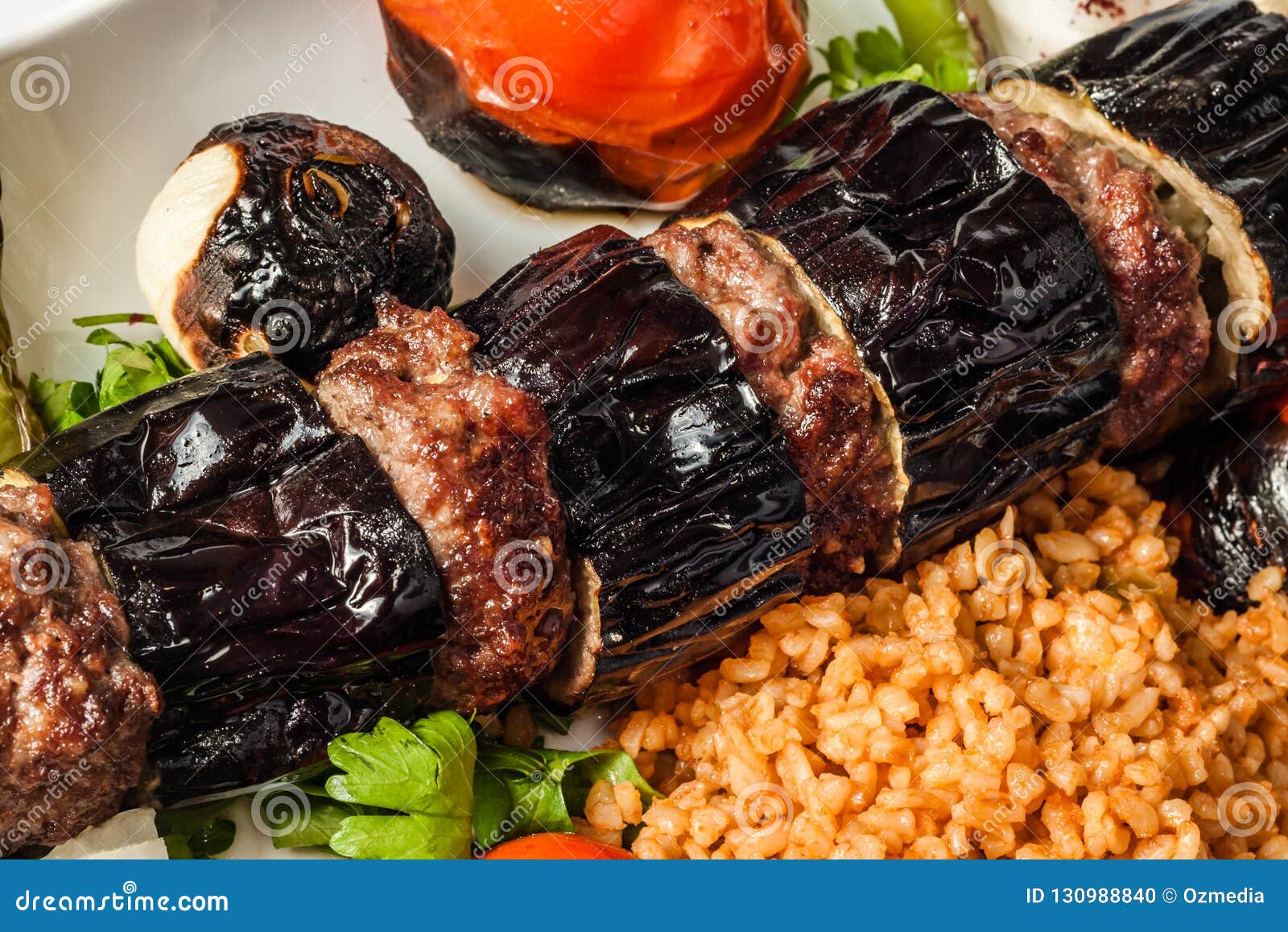 Turkish Urfa Kebab with Eggplant and Meatballs Stock Photo Image of