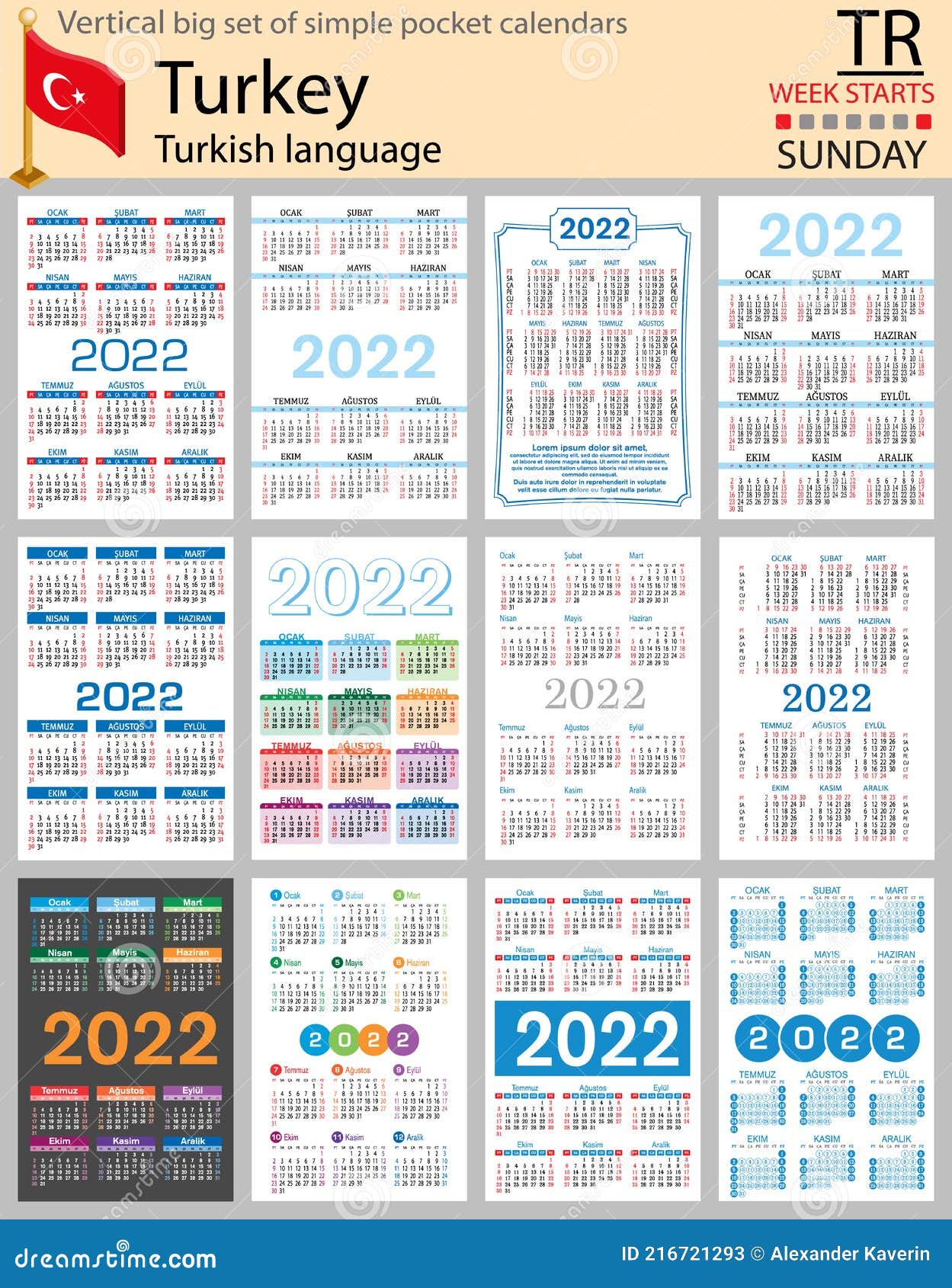 Turkish Vertical Pocket Calendars for 2022. Week Starts Sunday Stock