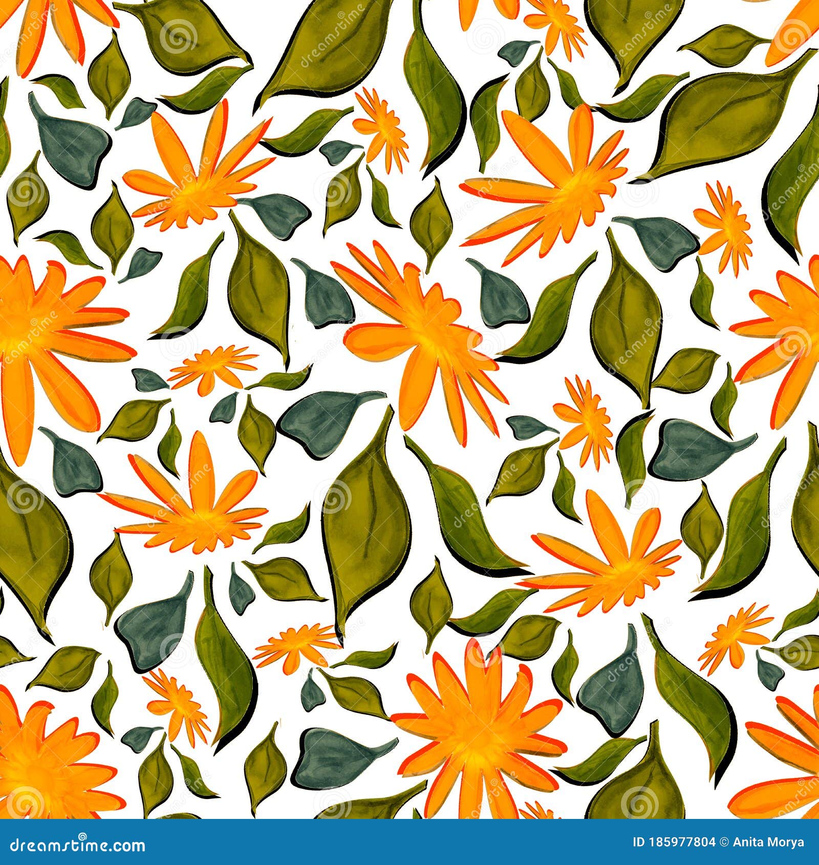 turmeric and green color abstract based seamless flower and leaves pattern