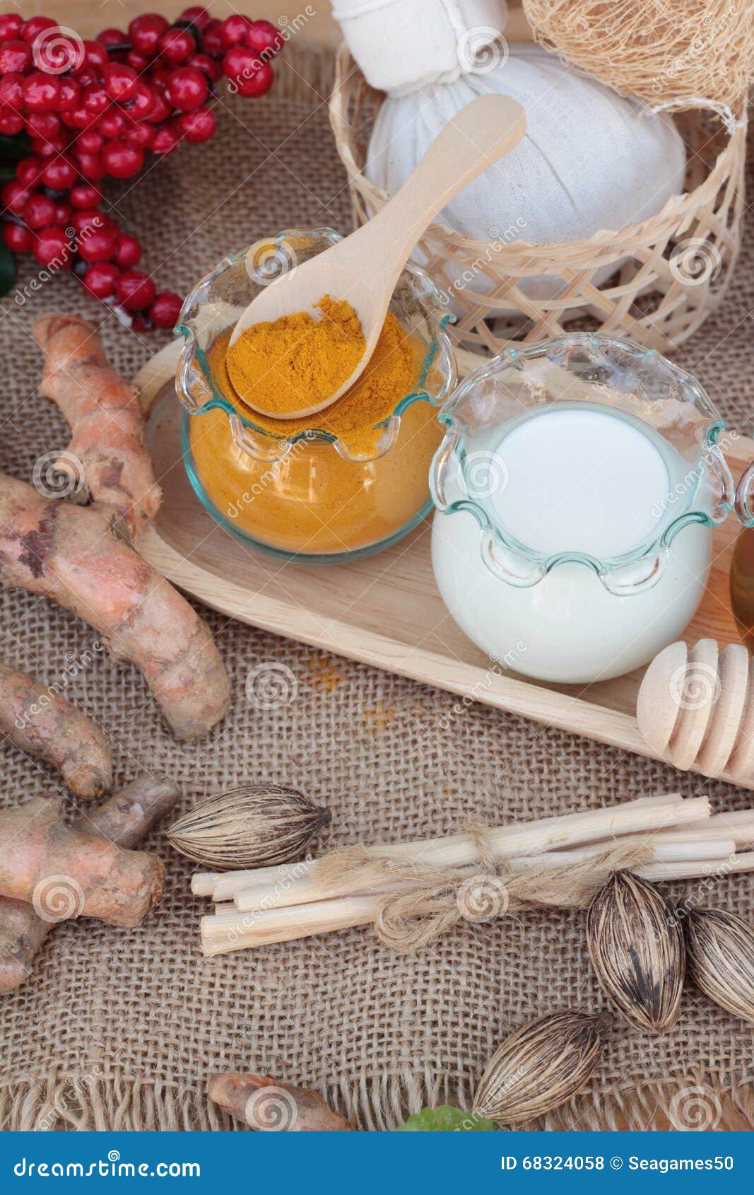 Turmeric Powder with Honey and Milk for Scrub. Stock Photo Image of