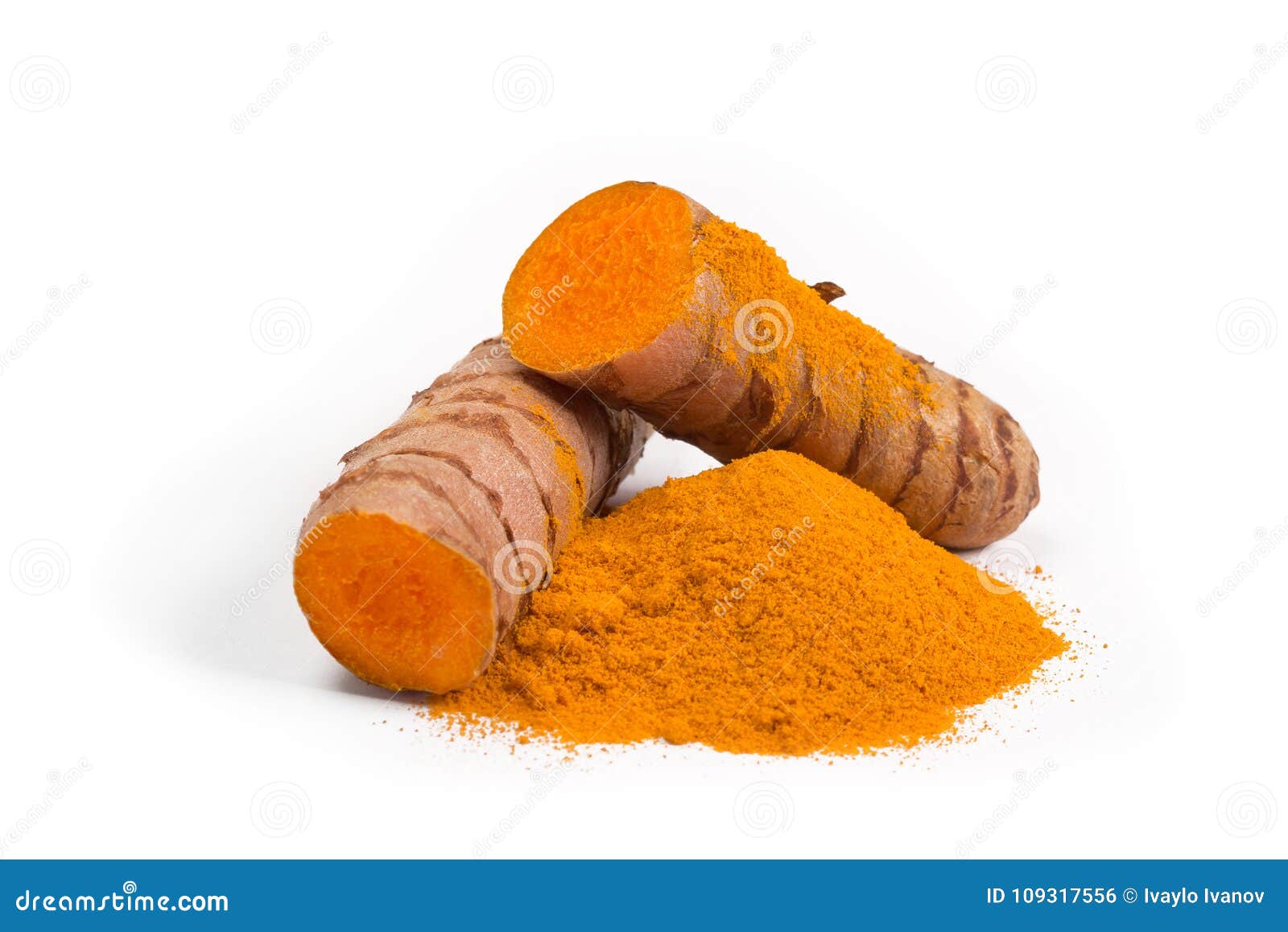 Turmeric Powder with Turmeric Root Isolated on White Stock Photo