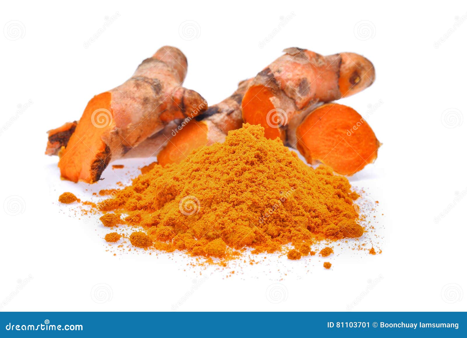Turmeric Roots with Turmeric Powder Isolated on White Background Stock