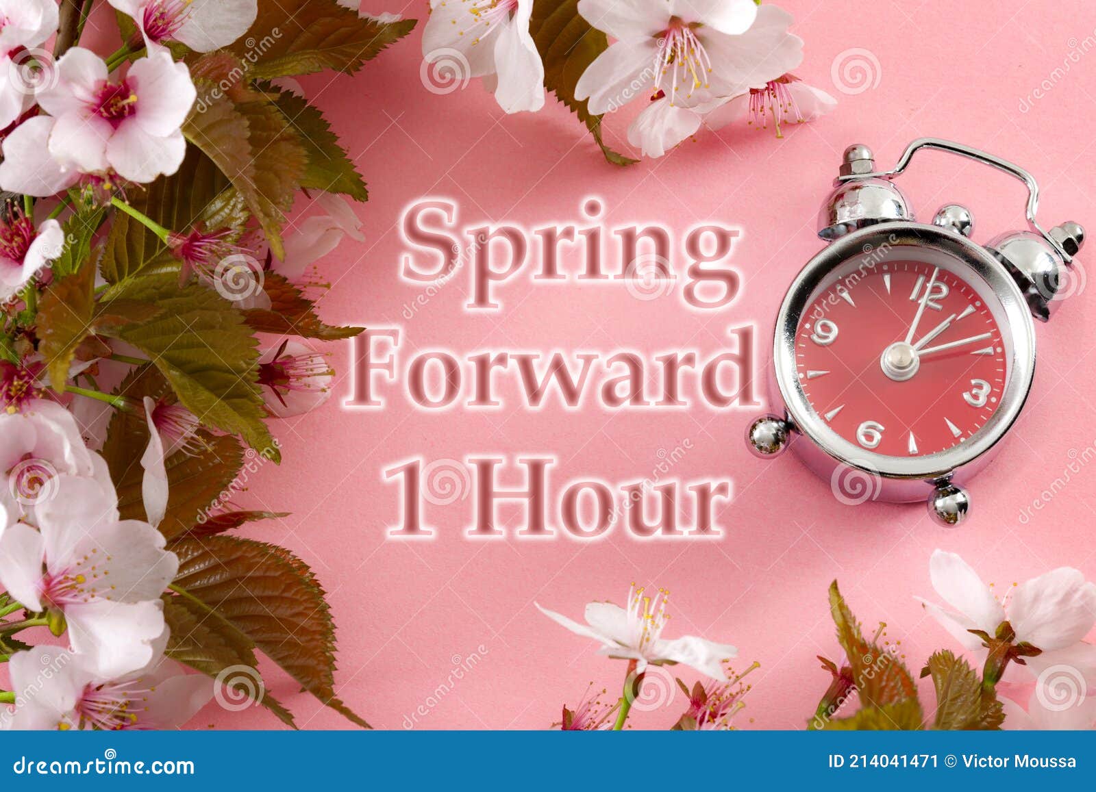 Turn clocks on hour ahead, star of daylight savings time change and reminder to spring forward concept with clock on pink