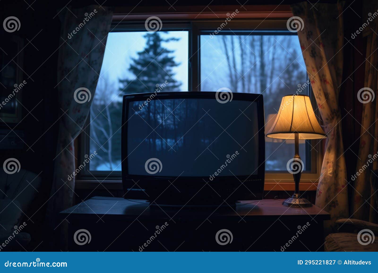 a turned-off tv reflecting the twilight through a window
