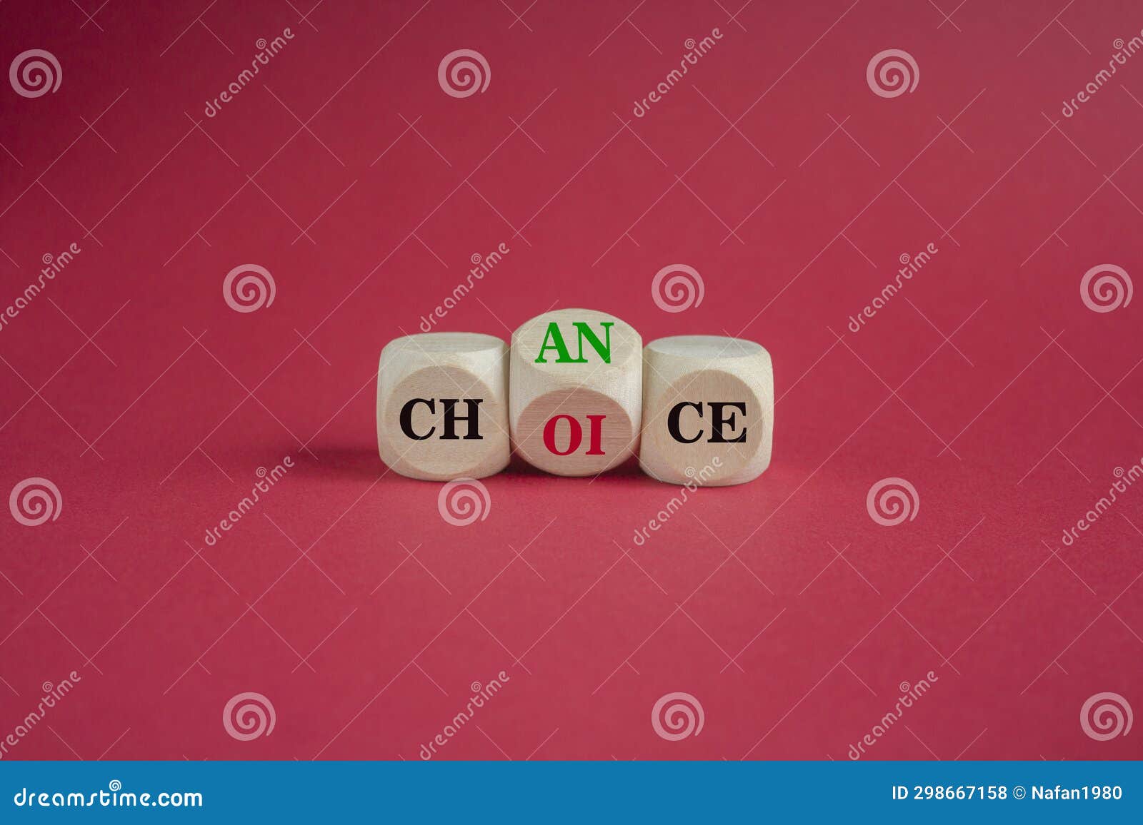 turned the wooden cube and changes the red word choice to chance. beautiful red background, copy space. business and choice and
