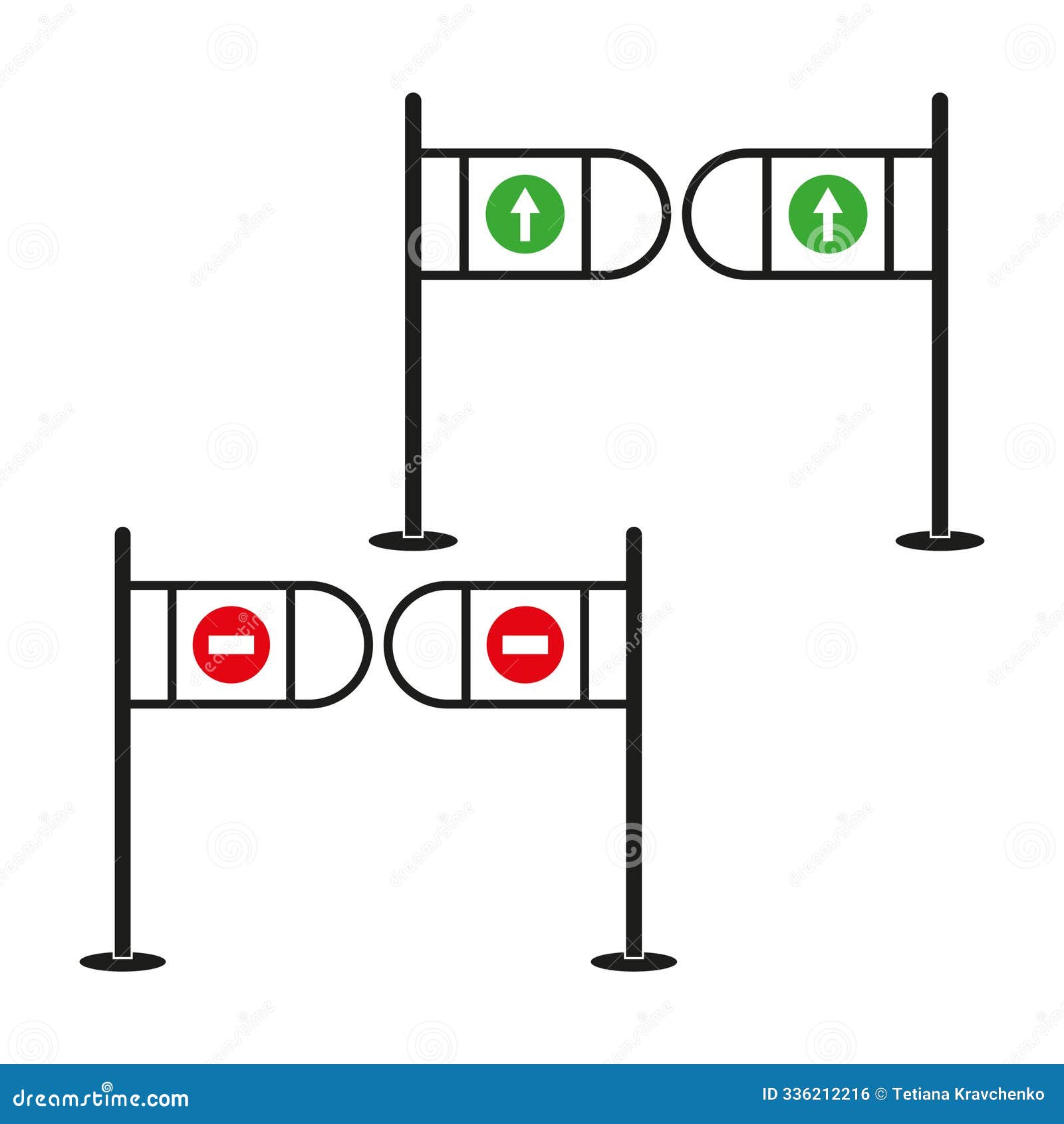turnstile icon set. green arrow and red no entry signs. entrance and exit gates.  .