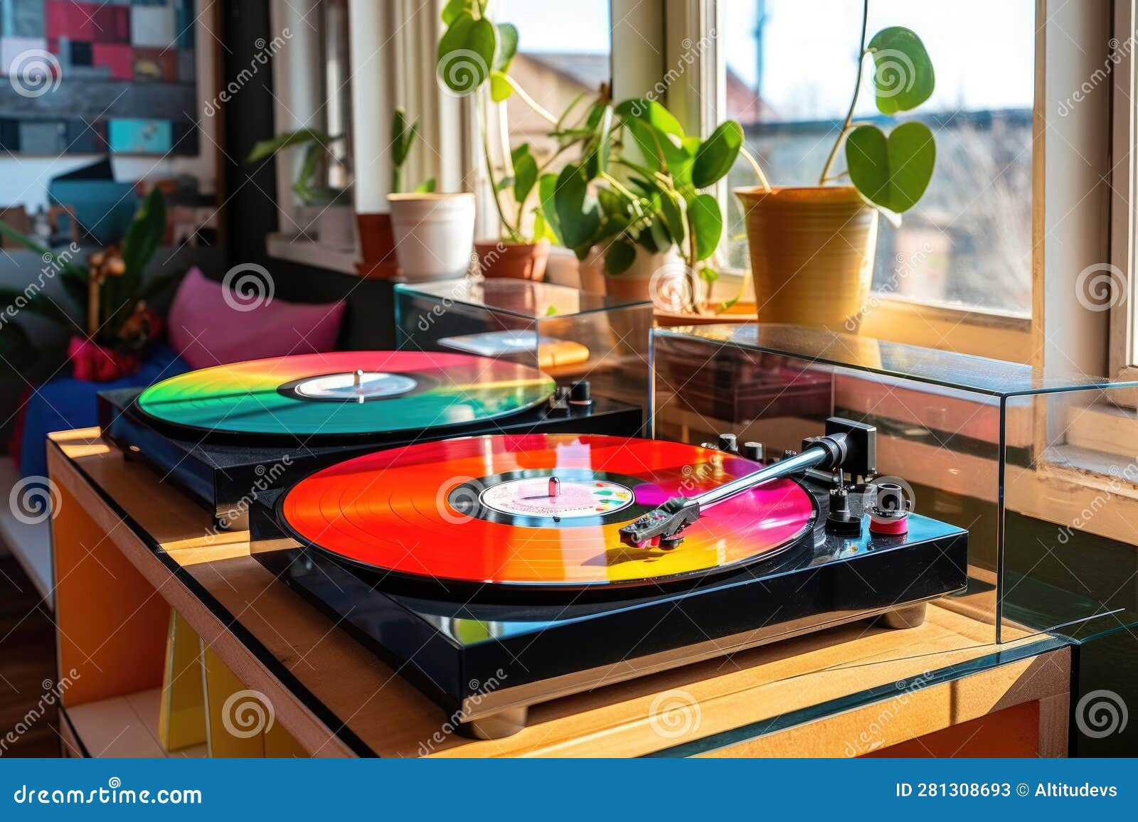 Turntable with Colorful Vinyl Records on Table Stock Illustration